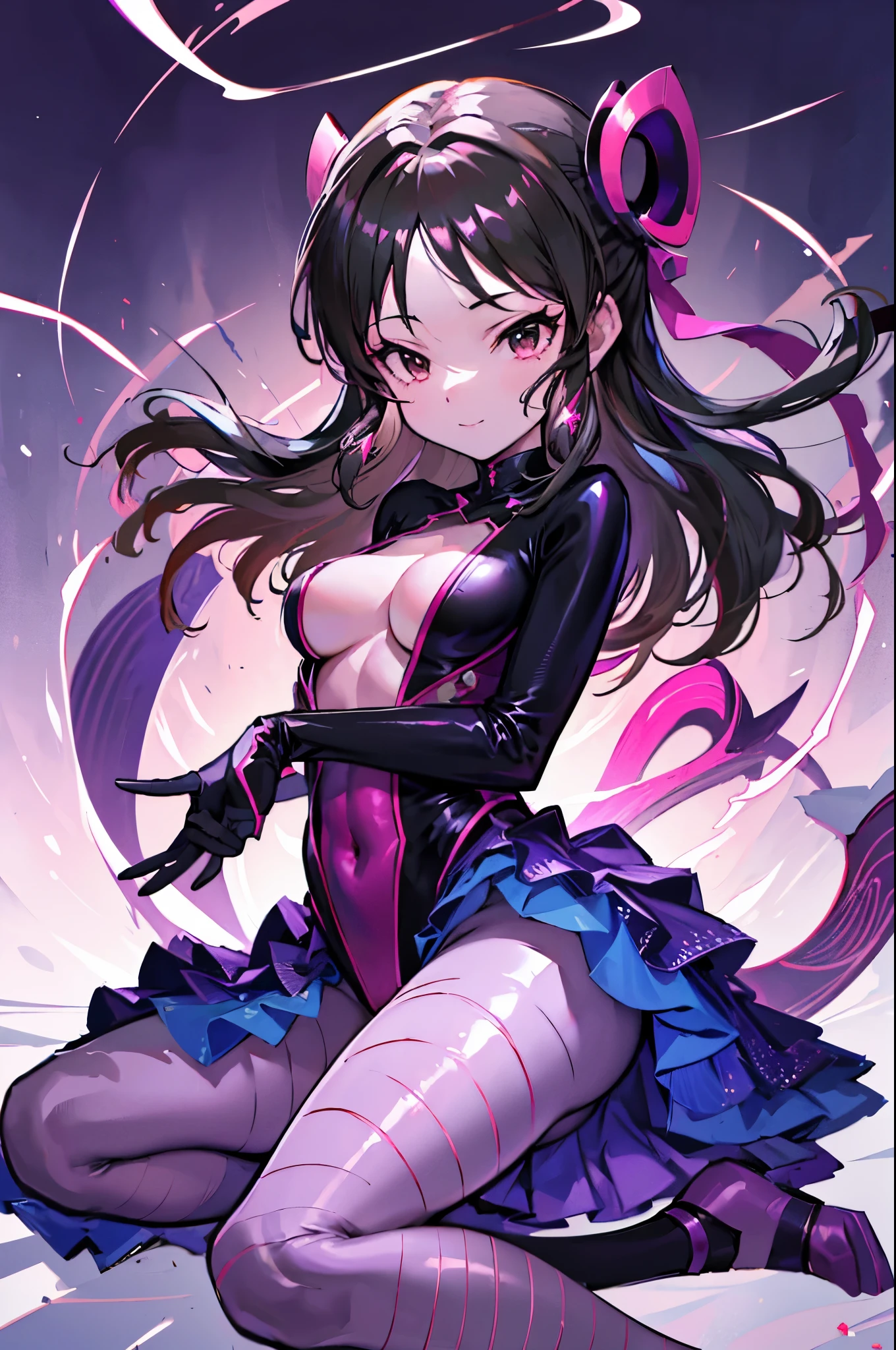 highest quality　Highest image quality　Adult-like body type　draw the face carefully　Anime style high quality face　super shiny skin　Black and purple leotard　Pink pantyhose　succubus　lure　smile　Rear view