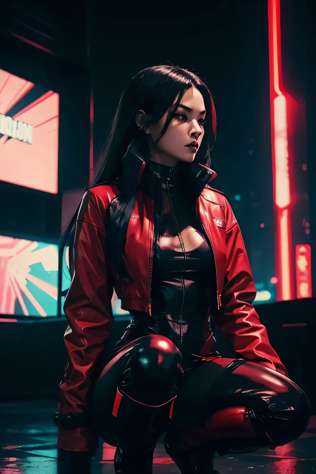 Full body shot,realistic RAW photo of a visually striking woman with a balanced composition in a night-time city setting.The woman needs to be in a squatting position,as seen from a low dynamic angle.She's dressed in a leather jacket and tights, and is wearing white socks with vibrant colored sneakers that have the badge 'Tesla' written on them.This hyper-realistic sketch should be highly detailed,with strong use of vivid colors to capture the unique ambiance of a night city.This pen and ink sketch echoes the artistic sensibilities found on popular art sharing platforms.The scene should be rendered with soft, natural, volumetric and cinematic lighting