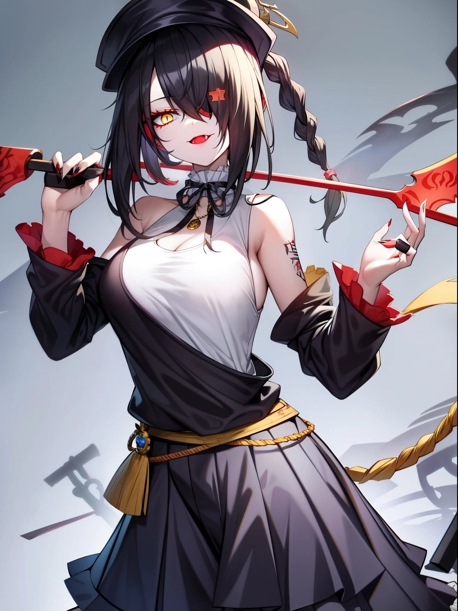 Jiangshi, yellow eyes, stick out tongue, colored skin, Zombie Pose, black sclera, ofuda, long nails, lived, 1 girl