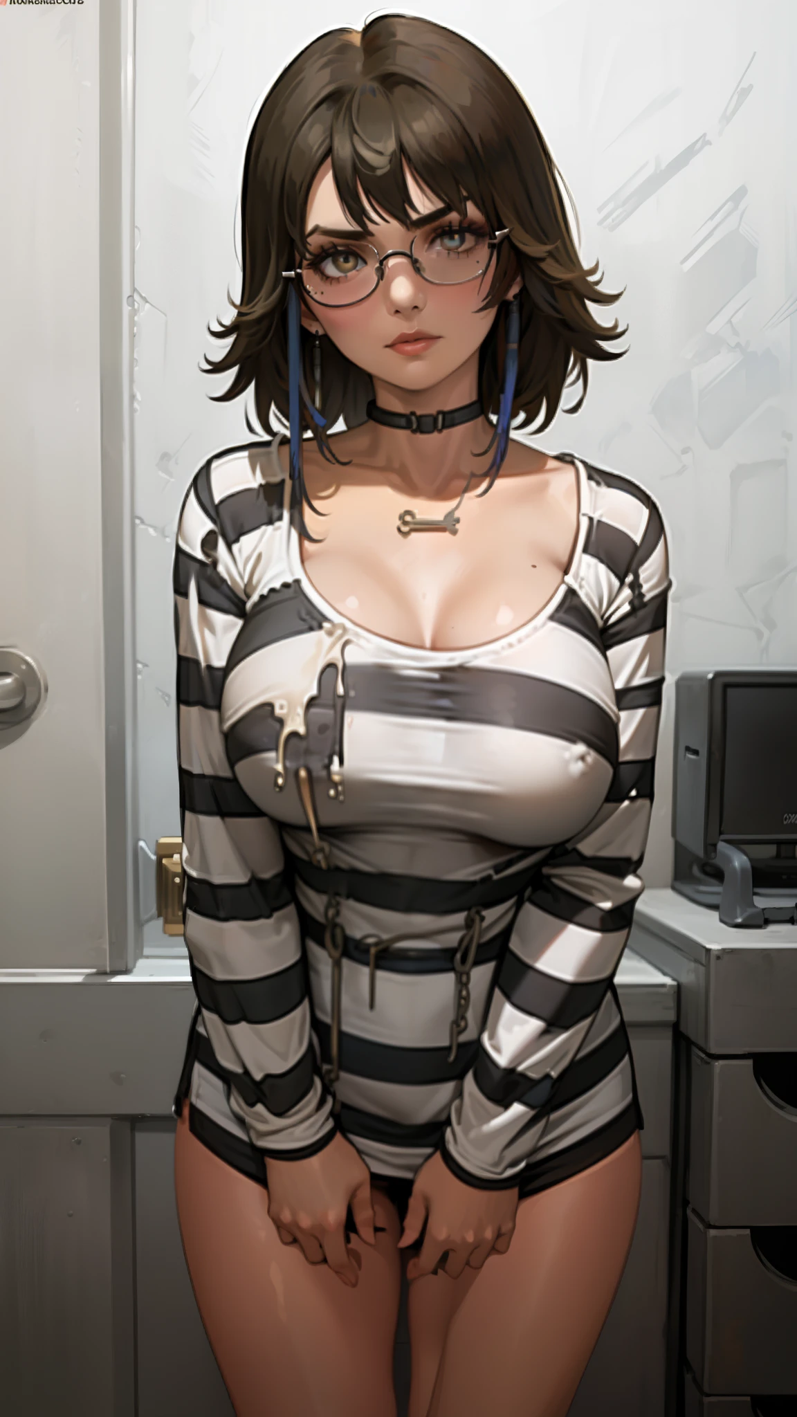 masterpiece:1.3), ((best quality:1.3), I-no, 1girl, tinted eyewear, breasts, solo, choker, mole above mouth, sunglasses, large breasts, ((priclothes)), ((striped clothes)), prisoner, shirt, long sleeves, prison striped prison inmate scrubs with long tight sleeves, upper body, shackles, black and white stripes