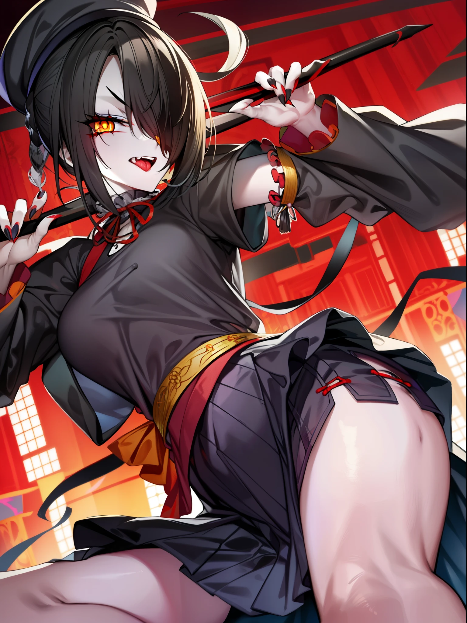 Jiangshi, yellow eyes, stick out tongue, colored skin, Zombie Pose, black sclera, ofuda, long nails, lived, 1 girl