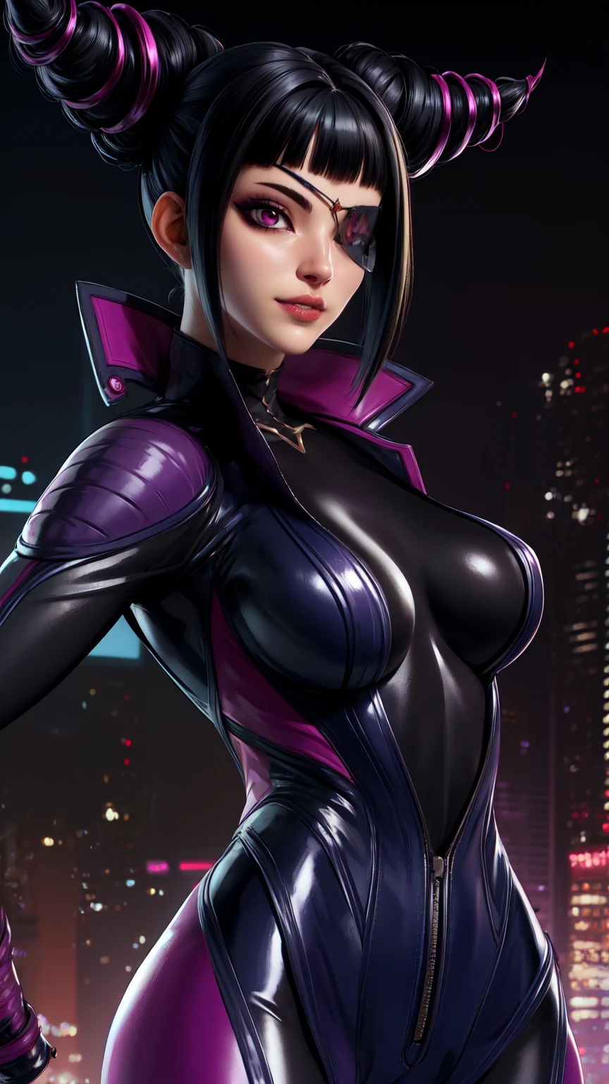 Juri , black hair,two-tone hair, hair horns, purple eyes, eyepatch,  
bodysuit, clothing cutout, 
standing, upper body, evil smile, 
night club,
(insanely detailed, beautiful detailed face,beautiful detailed eyes, masterpiece, best quality) , solo, dinamic poses, shinning eyes