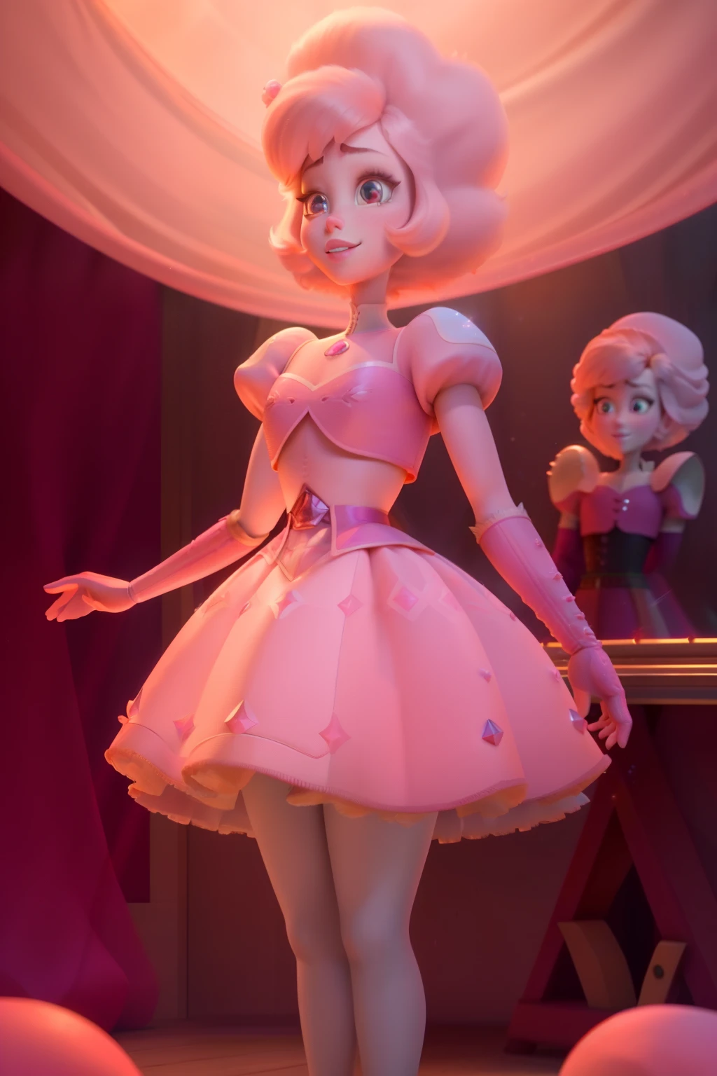 pnkdamond, pink hair, pink eyes, big hair, stomach gem, pink skin, toned,
puffy short sleeves, elbow gloves , white thighhighs, puffy dress,
standing, upper body,
outerspace,
(insanely detailed, beautiful detailed face,beautiful detailed eyes, masterpiece, best quality) cinematic lighting, smile,