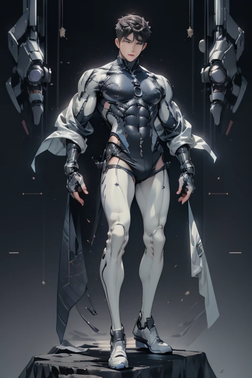 Sculpture design,Figures,GK model,The whole body of the character,Shirtless muscular man, wearing nothing on upper body, Expose muscles,base,Wu Yifan,Handsome cybernetic boy looking at camera lingerie detailed muscular reality masterpiece,musculous