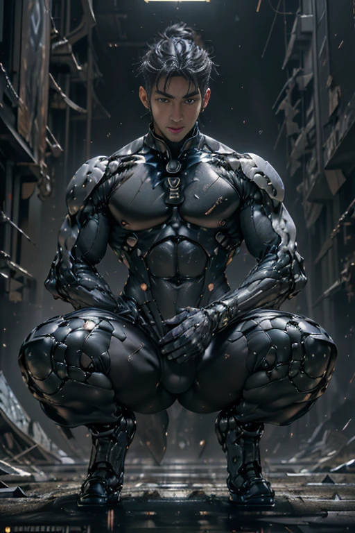 top-quality、masterpiece、超A high resolution、(realisitic:1.4)、Detailed face、solo、1human male、The upper part of the body、Dark hair、glistning skin、dense skin、((asian human))、architectural、(absurderes、hight resolution、ultra-detailliert)、、1 male、Adults、(20-year-old man)、tall muscular man、broad shoulder、extra very short hair、angular jaws、thick neck、thick eyebrow、((extra very short hair))、A dark-haired、fine eyes and detailed face、 Highly detailed CG Unity 8K wallpapers、intricate-detail、(Style Swirl Magic:0.7)、looking at the spectator、solo、(full body Esbian:0.6)、Detailed background、A detailed face、dynamicposes、、Urban background、dynamic compositions、 big muscle、、(((Crotch bulge)))、 ((masutepiece:1.4, Best Quality)), ((masutepiece, Best Quality)), (photographrealistic:1.4)、(((soldier)))、vests、 Pubic hair, Open legs, Arms raised and crossed behind the back, abdominals, ((Erection 1.2)), emphasis, (Moccoli: 1.4), (Manly chest plate)), Sweating,, Blood vessels in the arm、3D,shitu-mecha, Beautiful cyberpunk man with mech in the ruins of an abandoned war city, Ancient Technology,nffsw(HighDynamicRange),Ray tracing,NVIDIA RTX,Hyper-Resolution,Unreal 5,Sub-surface scattering,PBR Texturing,Postprocess,Anisotropy Filtering,depth of fields,Maximum clarity and sharpness,multi-layer texture,Albedo and specular maps,Surface Shading,accurate simulation of light and material interactions,perfectly proportions,octane renderings,two tone lighting,Low ISO,White Balance,thirds rule,Wide aperture,8K Raw,Efficient Subpixel,sub-pixel convolution,Luminescent particles,light scattering,ray gun,M-shaped legs are spread、squatting