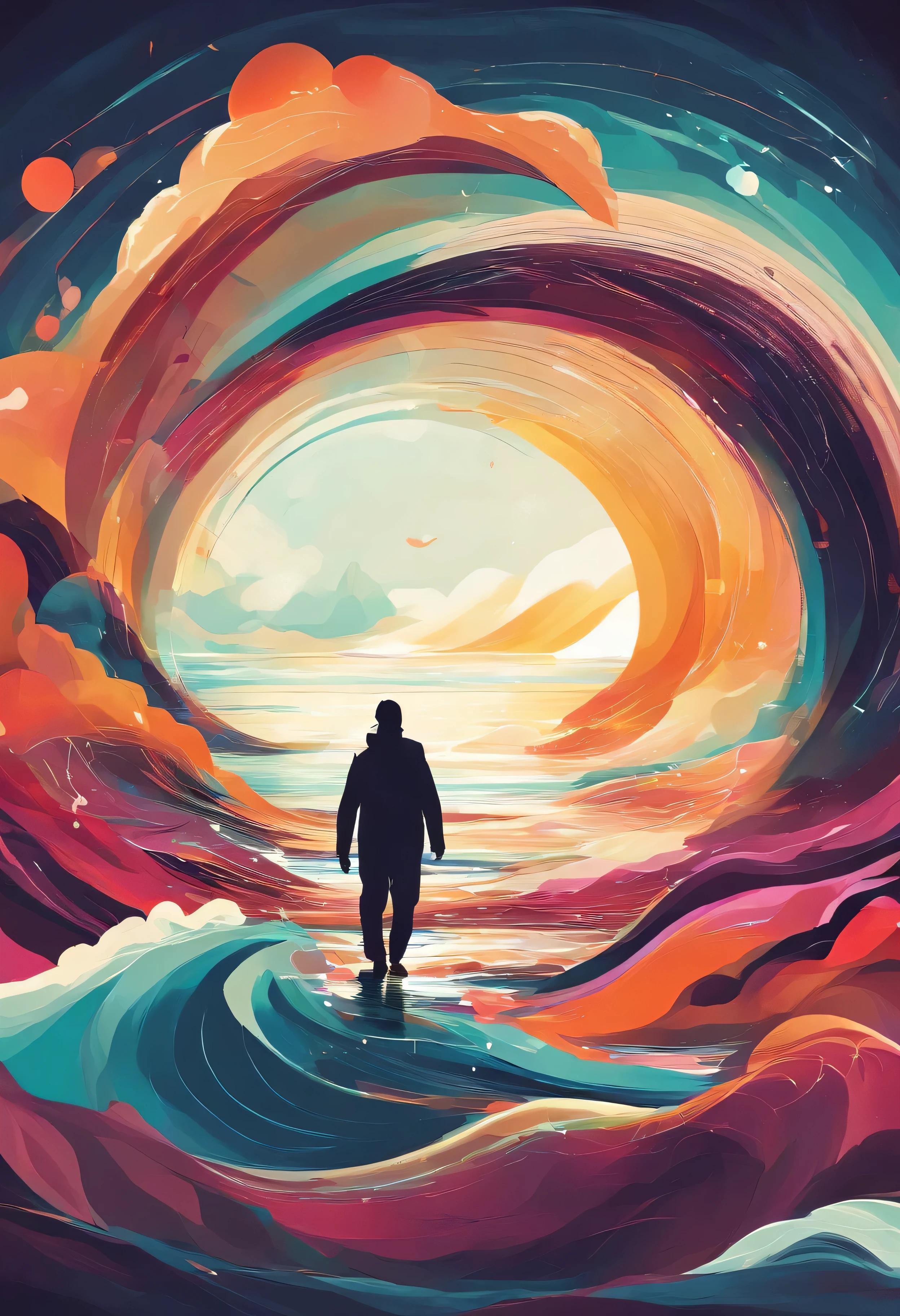 Una ola rompiendo en la orilla con la silueta de una persona caminando hacia ella, Cresta y valles, Colors with cold tones, Texturas suaves y rugosas, Abstract style with geometric shapes and vibrant colors., arte, high resolution, 4k completo
