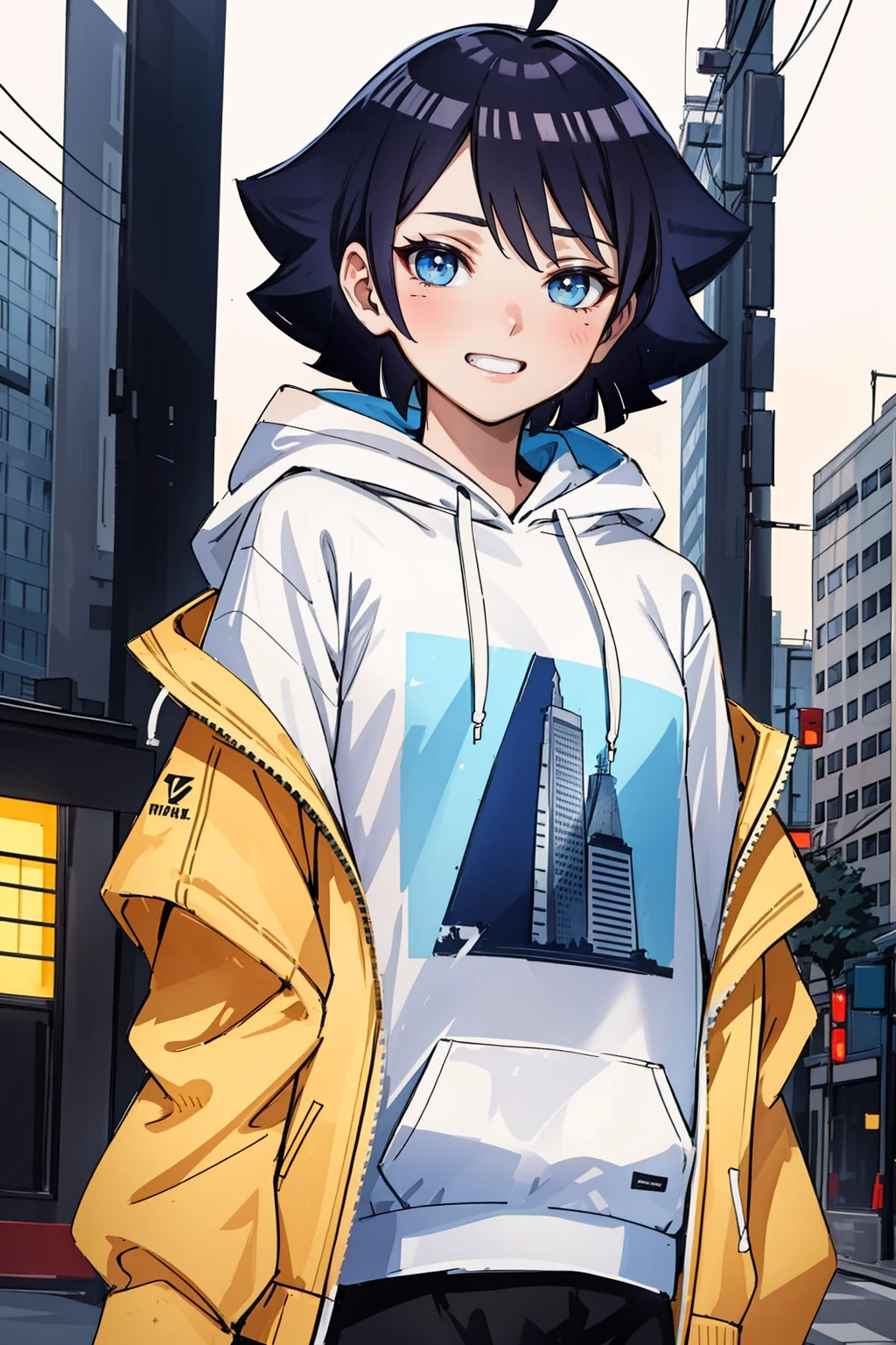 masterpiece, ultra-detailed, 1girl, female focus, upper body shot, Uzumaki Himawari wearing yellow Streetwear Hoodie, black hair, long hair, Blue eyes, look at viewer, happy face, vibrant colors, cityscape background, dinamic lighting, highly detailed face, stylish, urban style, cool attitude, bokeh, blurry background,