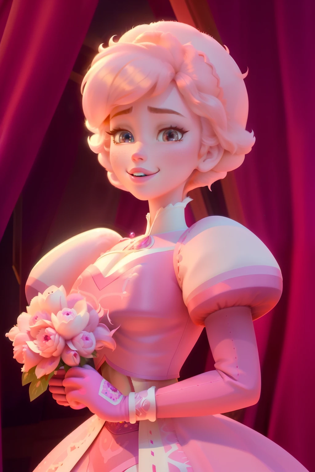 pnkdamond, pink hair, pink eyes,  big hair,  stomach gem,  pink skin,  toned, 
puffy short sleeves, elbow gloves ,  white thighhighs,   puffy dress, 
standing, upper body, 
 outerspace,  
(insanely detailed, beautiful detailed face,beautiful detailed eyes, masterpiece, best quality) cinematic lighting,  smile, 
 