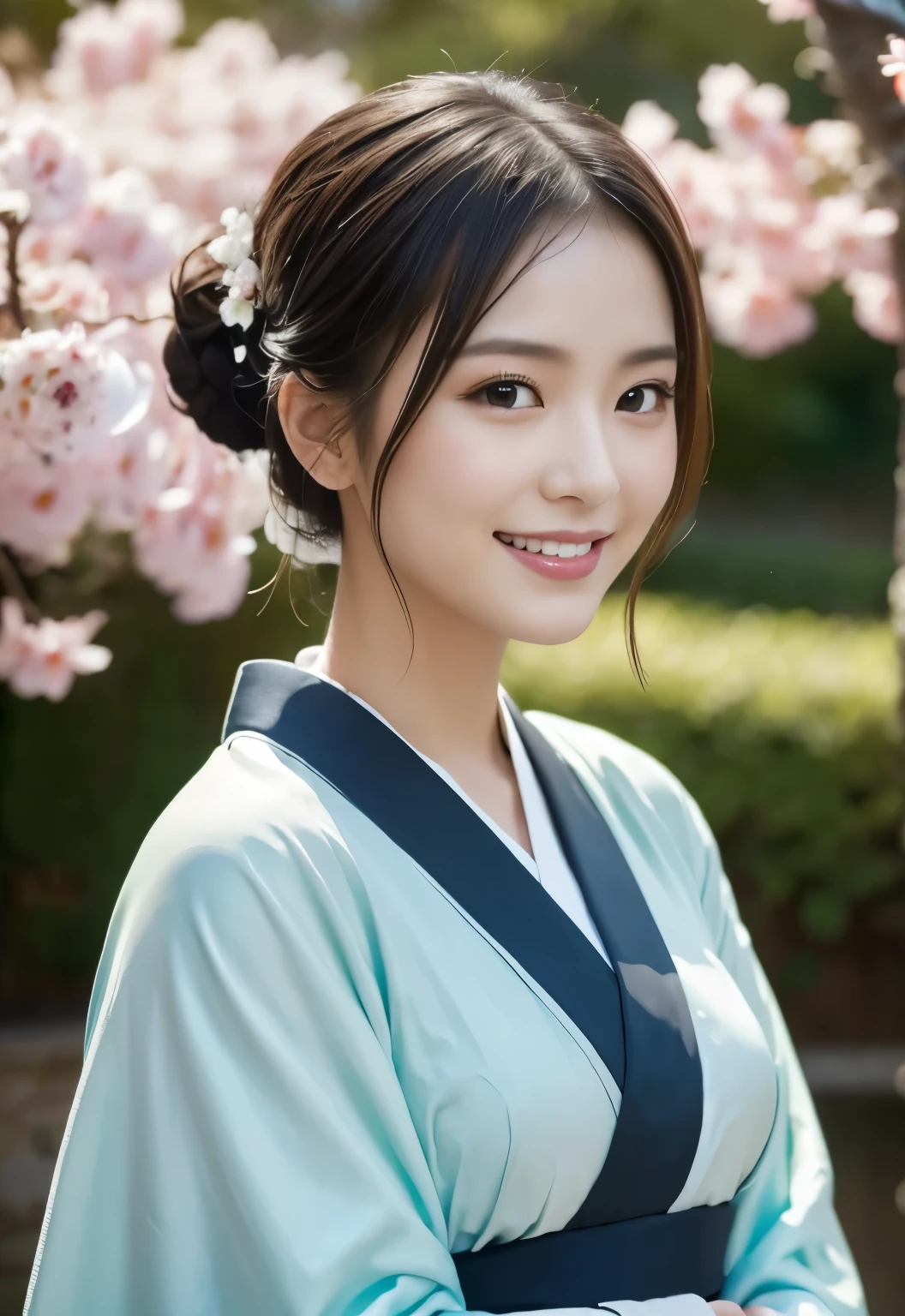 (((garden:1.3, outdoor, Photographed from the front))), ((hair tied up:1.3, kimono, japanese woman, smile,cute)), (clean, natural makeup), (highest quality, masterpiece:1.3, 超High resolution), (Super detailed, caustics), (realistic:1.4, RAW shooting), very detailed, High resolution, 16K resolution