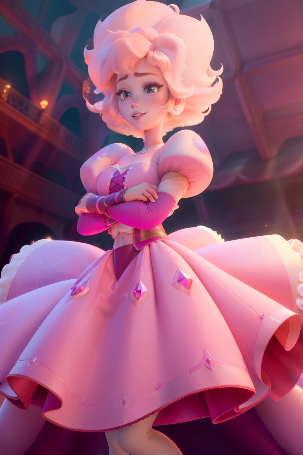 pnkdamond, pink hair, pink eyes, big hair, stomach gem, pink skin, toned,
puffy short sleeves, elbow gloves , white thighhighs, puffy dress,
standing, upper body,
outerspace,
(insanely detailed, beautiful detailed face,beautiful detailed eyes, masterpiece, best quality) cinematic lighting, smile,