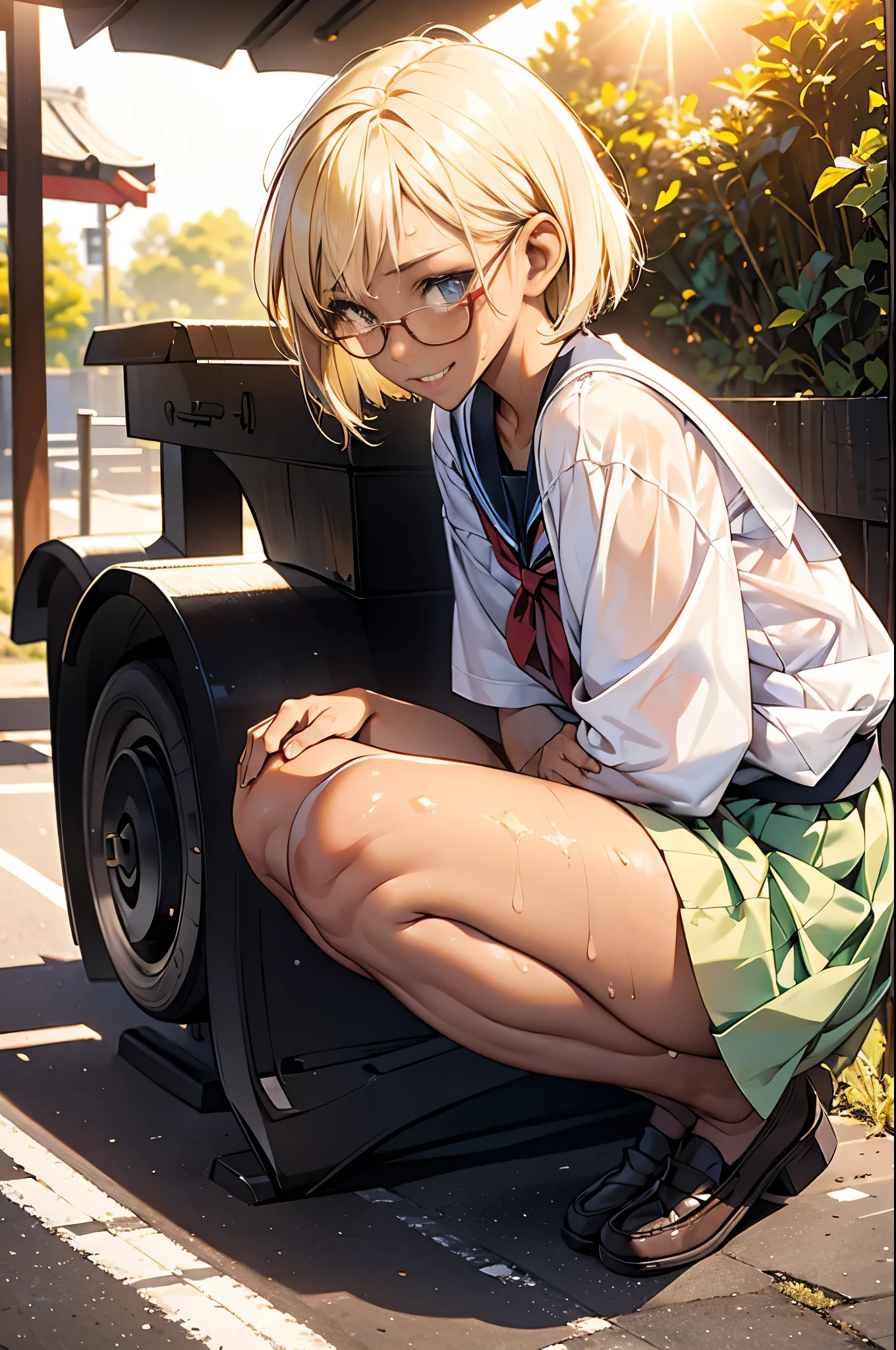 (super flat, flat shading), Honors Type, Really blushing, ************, Japanese school girl, Short bob cut blonde hair, Glasses, (((sun burn dark skin))), sweaty healthy body, mesugaki smile, , bare legs, loafers, ultra realistic, early morning, squatting in crowded street,