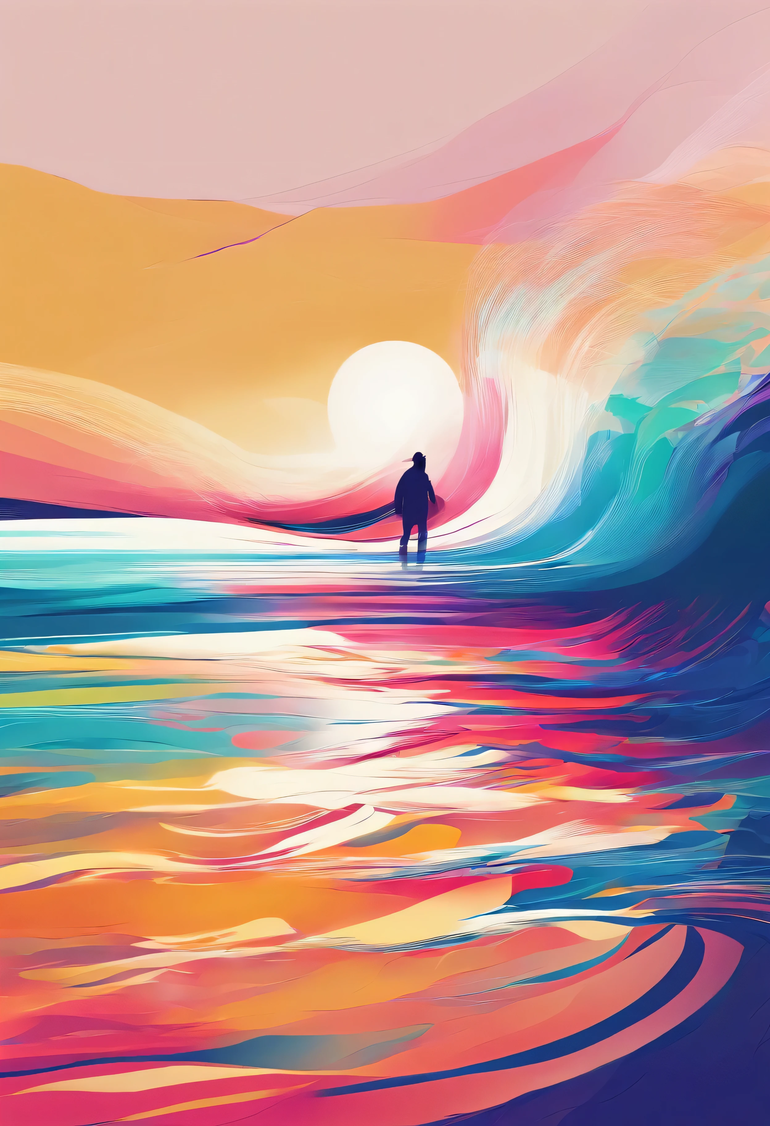 Una ola rompiendo en la orilla con la silueta de una persona caminando hacia ella, Cresta y valles, Colors with cold tones, Texturas suaves y rugosas, Abstract style with geometric shapes and vibrant colors., arte, high resolution, 4k completo