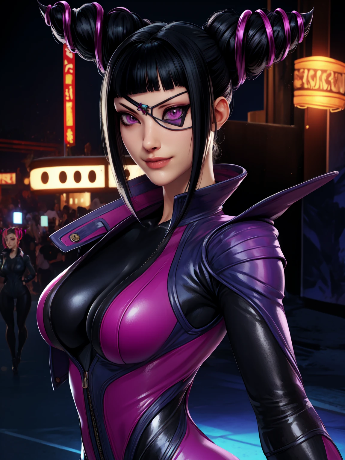 Juri , black hair,two-tone hair, hair horns, purple eyes, eyepatch,  
bodysuit, clothing cutout, 
standing, upper body, evil smile, 
night club,
(insanely detailed, beautiful detailed face,beautiful detailed eyes, masterpiece, best quality) , solo, dinamic poses, shinning eyes, backwards, looking back