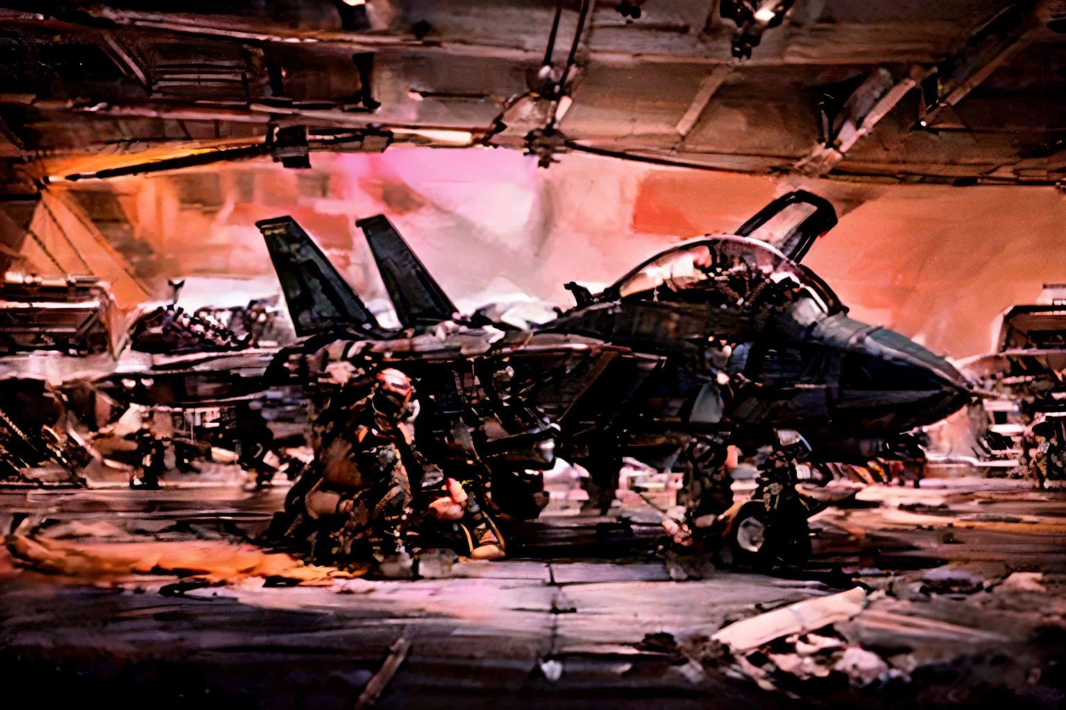 ((Swat Kats working in their flight suits on a black F-14 with red trim)), SWAT Kats, photo realistic, masterpiece, best, aircraft maintenance, aircraft repair, 2 anthro cat pilots under a black F-14