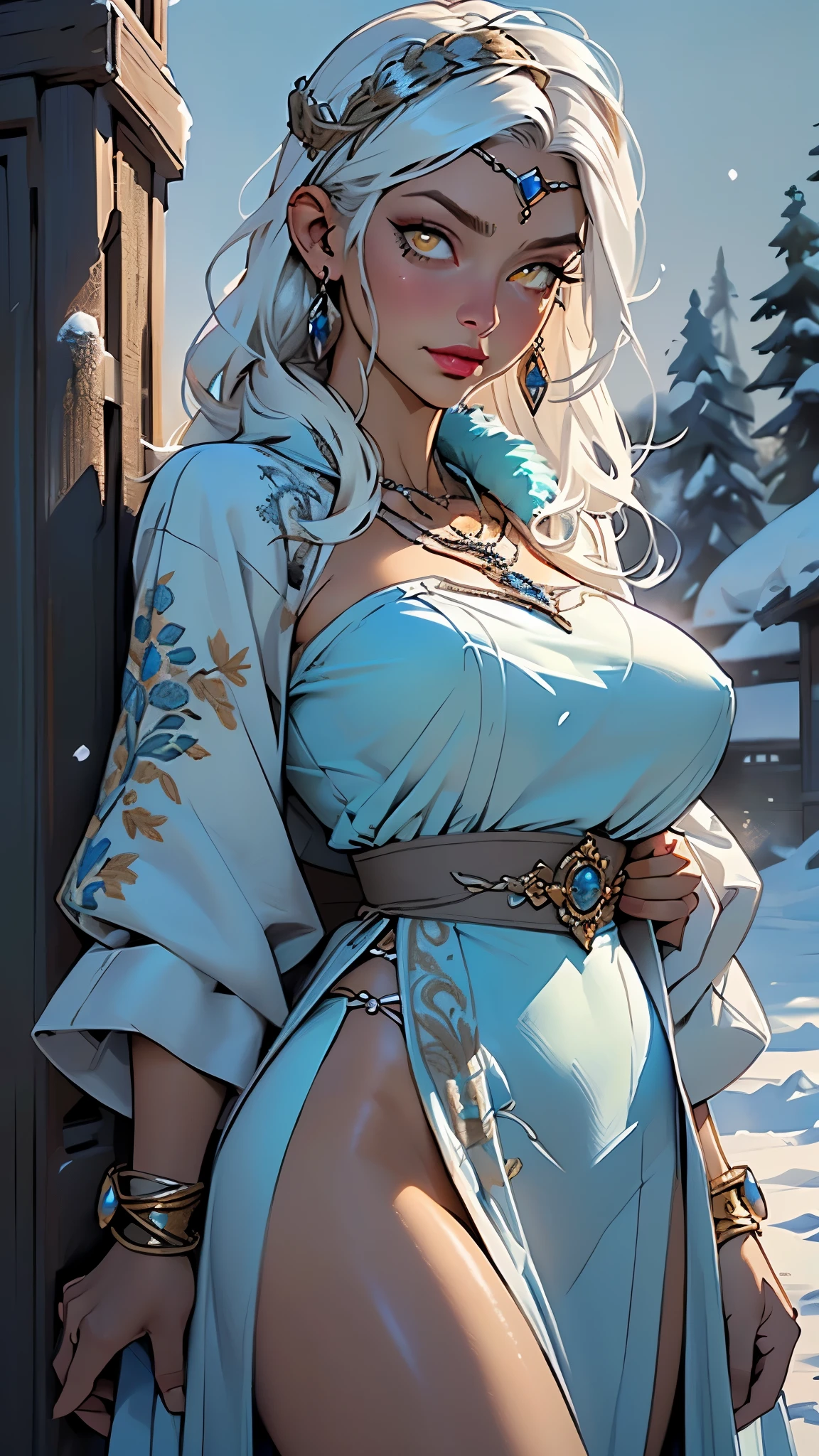 woman,1female,((milf,mom,mature,mature woman,45 years old female,adult)),(large breasts:1.5),saggy breasts,(((white hair:1.4,straight hair,long hair:1.4,colored inner hair))),((yellow_eyes:1.3)),intricate eyes,beautiful detailed eyes,symmetrical eyes,((((dark skin:1.4,lustrous skin:1.5,bright skin: 1.5,skin tanned,shiny skin,very shiny skin,shiny body,illuminated skin)))),(spider lower abdomen,narrow waist,wide hip,bimbo body,inflated legs,thick thighs,delicate detailed fingers),(((detailed face))),
cute,slutty,sensual,seductive look,seductive,((erotic)),opulent,sumptuous,longingly,((nsfw)),
queen,goddess,fantasy,(beautiful nordic clothes,light blue silk),((strapless light blue dress,very long light blue skirt,light blue dress)),(light blue clothes),(((necklace with an amulet,intricate necklace,nordic jewelry,detailed outfit,silver headdress with precious stones))),cleavage,((eyeshadow,elegant makeup,eyelid makeup, lipstick)),((Transparent cloth:1.1)), (((Sexy blue fur coat, blue fur coat outfit, wearing a blue fur coat:1.3,winter blue coat))),silver bracelets,(((intricate outfit,intricate clothes,embroidered outfit,ornate outfit,embroidered clothes,ornate clothes))),
(dynamic pose:1.0),embarrassed,(centered,scale to fit dimensions,Rule of thirds),
((Asgard in the snow)),scenery:1.25,((intricate scenery)),((Asgard in the snow background)),(Asgard:1.5),
(Glossy nordic ornaments),highres,sharp focus,(ultra detailed,extremely detailed),(photorealistic artwork:1.37),(extremely detailed CG unity 8k wallpaper),(((vibrant colors,vibrant theme))),(intricate),(masterpiece),(best quality),artistic photography,(photography taken by sldr),(intricate background),perfect rendered face,perfect face details,realistic face,photo realistic,((intricate detail)),(((realism))),