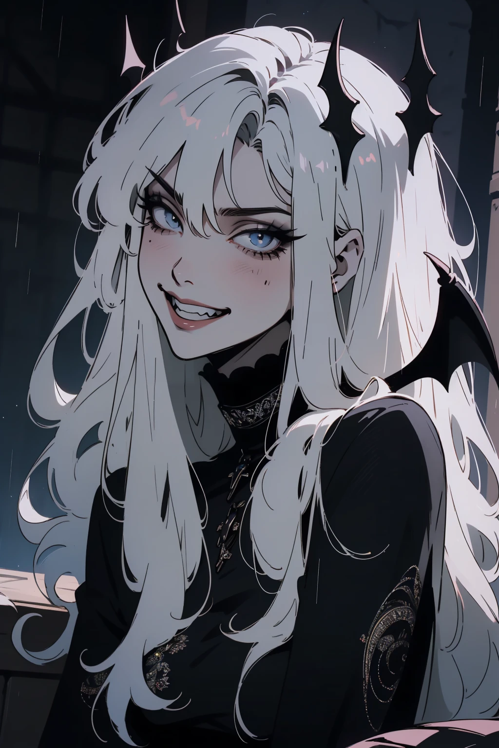 (outside, scary castle, raining, evening, soft light, dim lit, moody vibe, horror \(theme\), ), (insanely detailed, beautiful detailed face, masterpiece, best quality), 1girl, succubus, demon girl, mature female, white hair, pink eyes, grin, smirk, demon horns, black tail, black demon wings, whole body, sitting on the ground, 