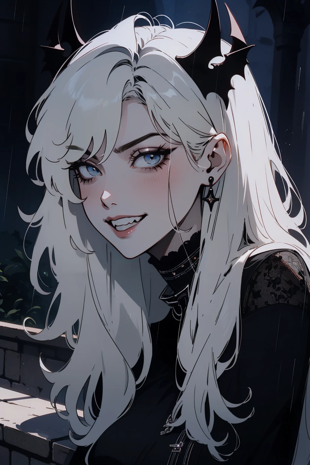 (outside, scary castle, raining, evening, soft light, dim lit, moody vibe, horror \(theme\), ), (insanely detailed, beautiful detailed face, masterpiece, best quality), 1girl, succubus, demon girl, mature female, white hair, pink eyes, grin, smirk, demon horns, black tail, black demon wings, whole body, sitting on the ground, 