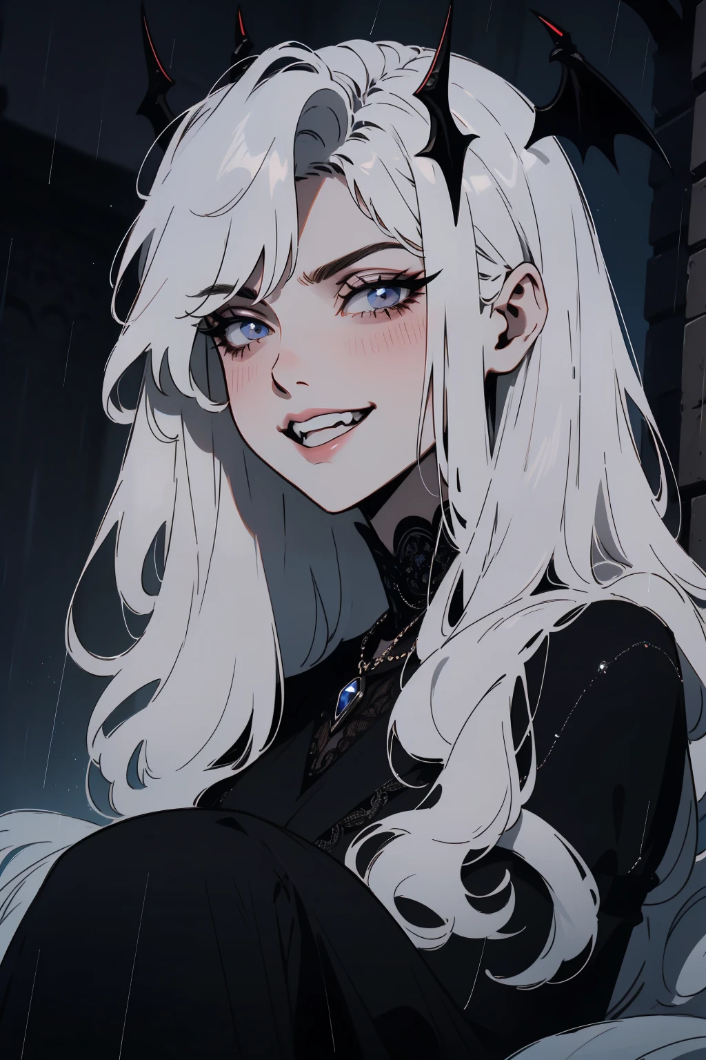 (outside, scary castle, raining, evening, soft light, dim lit, moody vibe, horror \(theme\), ), (insanely detailed, beautiful detailed face, masterpiece, best quality), 1girl, succubus, demon girl, mature female, white hair, pink eyes, grin, smirk, demon horns, black tail, black demon wings, whole body, sitting on the ground, blink eyes