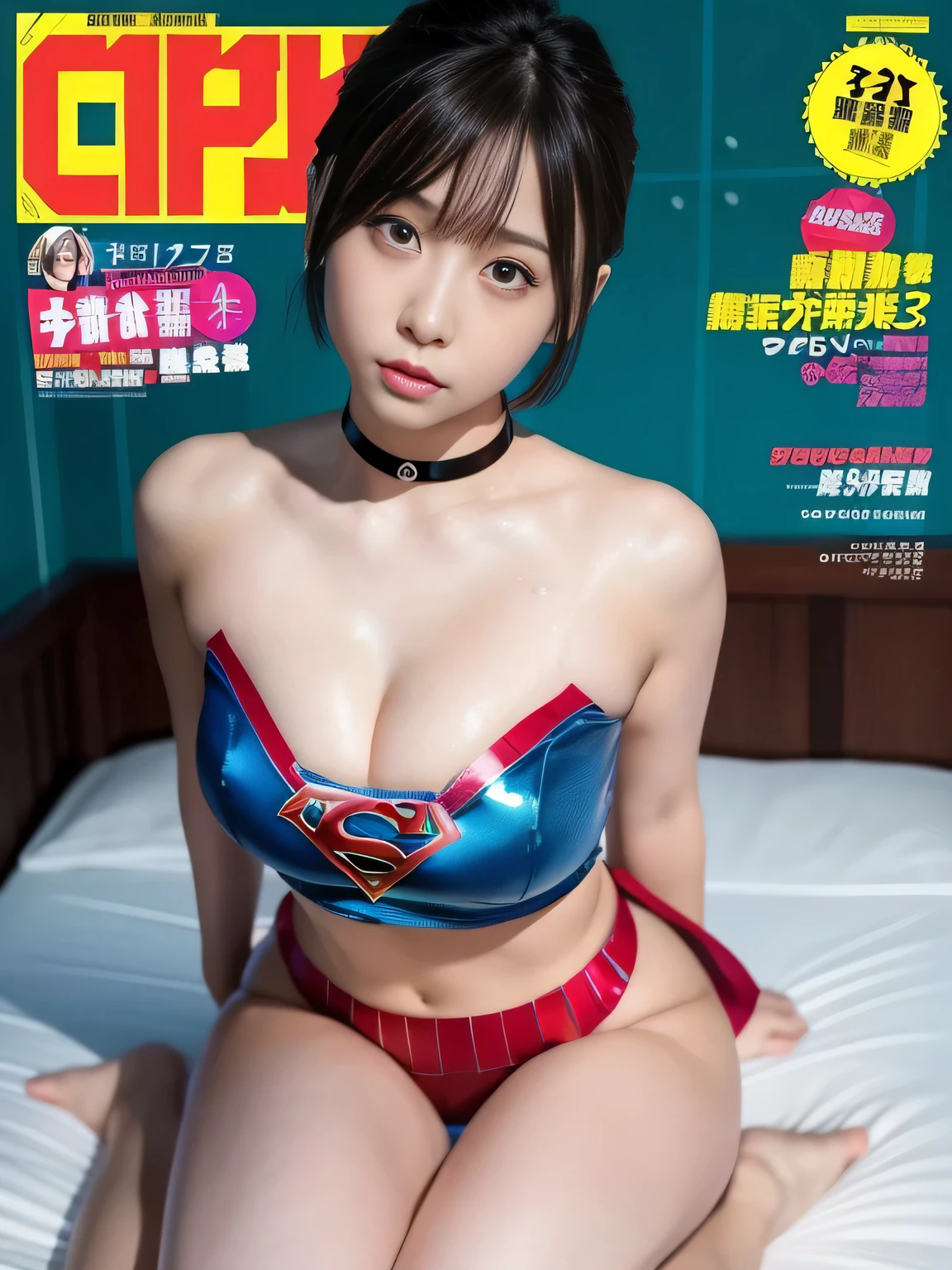 masterpiece、supergirl costume、short hair、barefoot、big and full breasts、Private sauna、masturbation addict on bed、sexy pose、athlete、shiny、looking at camera、Seduce、choker、enamel、red mini skirt、Weekly magazine cover、Sculpture Magazines、sweaty、water droplets、