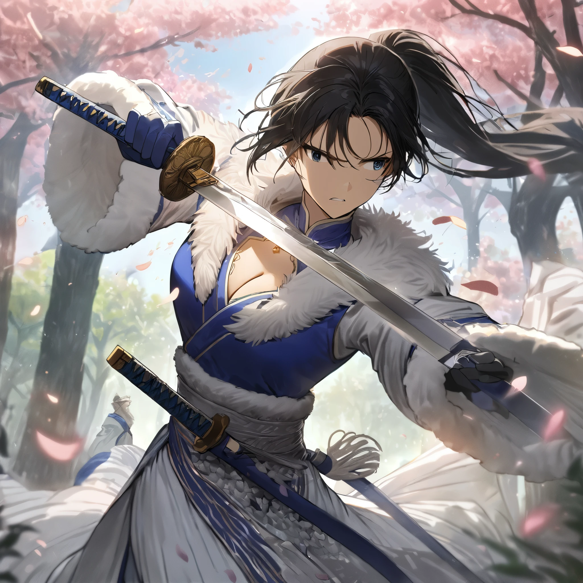 (dress in white),Petals fluttering in the wind, shining swords, helpless expression, anger, fighting with death, very detailed expression, very detailed petals,ponytail, 2swordsman fighting,fight,gongfu,stand in trees, 2swordsman stood in a peach tree forest with petals dancing,petals , detailed ,completing the stable diffusion of serenity and contentment,masterpiece, best quality,masterpiece, best quality, swordman,holding a sword(trees:0.5),(eagle:0.5), (bamboo:0.2) fighting stance, 1man, glowing, solo, weapon, sword, tree, holding, gloves, outdoors, sheath, border, holding weapon, black hair, holding sword, fur trim, looking away,look at view