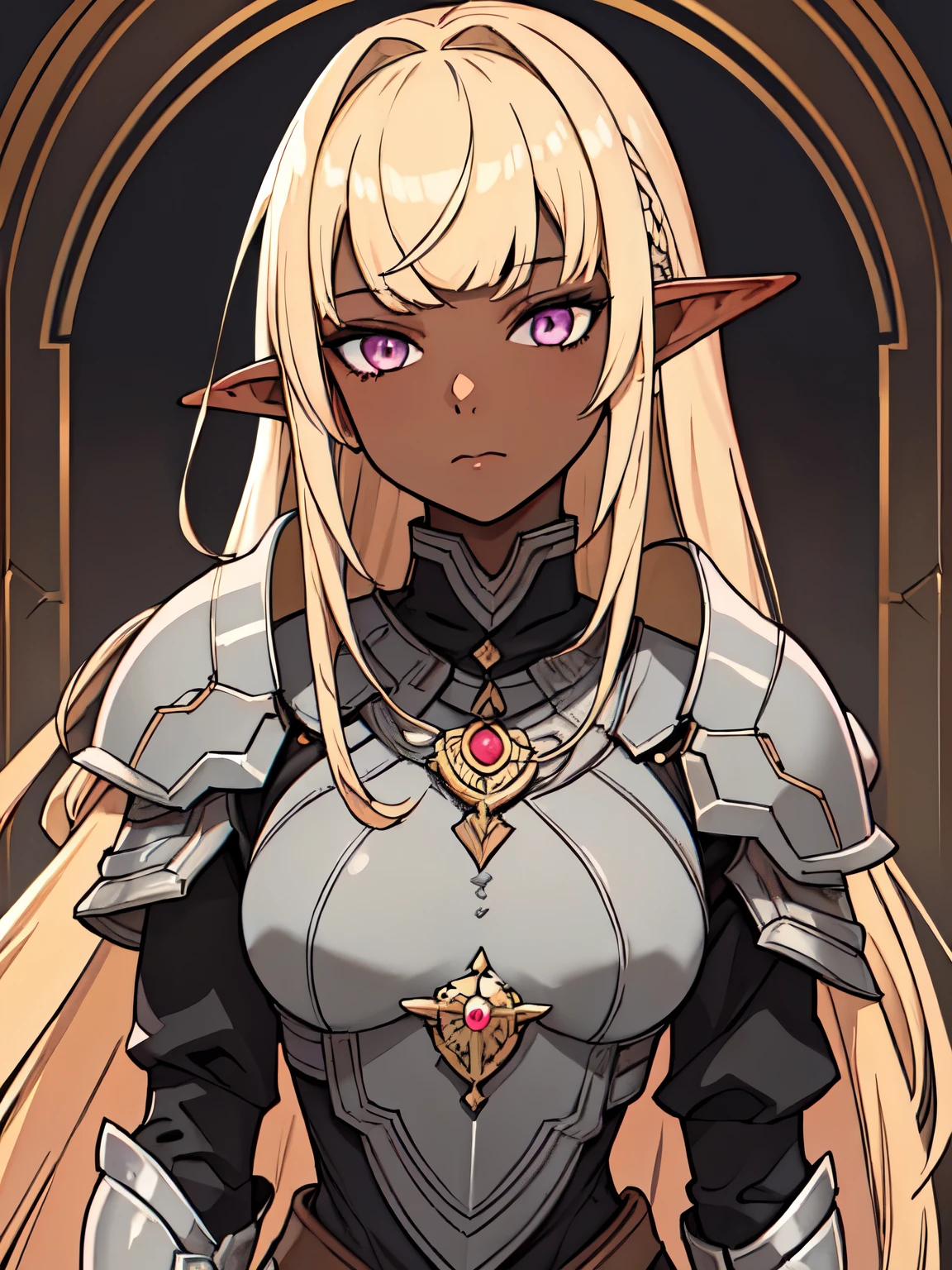 masterpiece, best quality, portrait, 1girl, dark skin, dark-skinned_female, dark_skin, blonde_hair, yellow hair, short hair, pink eyes, full armor, elf ear, ((Straight bangs:1.5)),