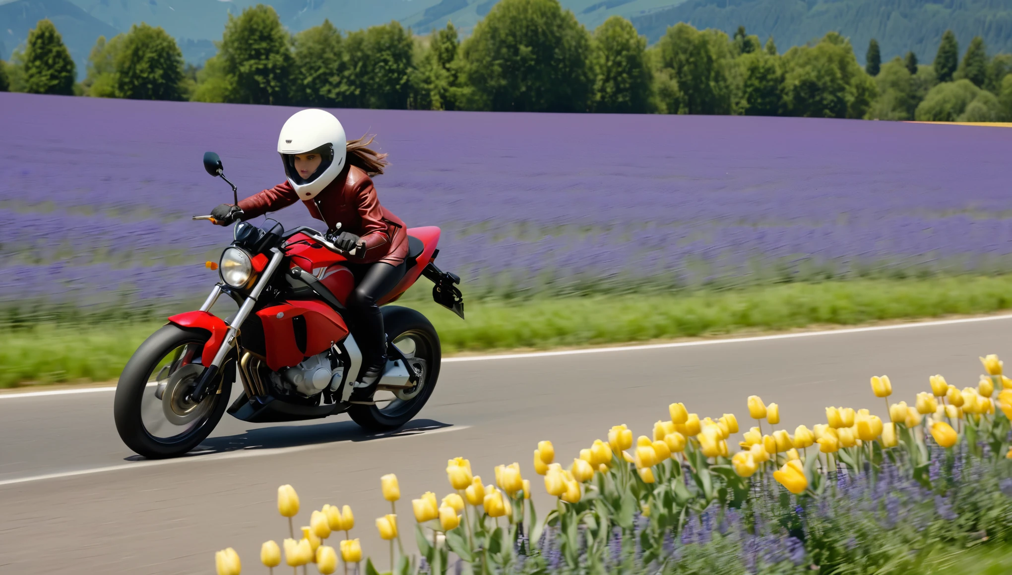 ((ultra detailed):1.4),((Still images, looks like movies, and dynamic angles):1.3), Super realistic photo of a fourteen year old girl with long brown hair wearing a red leather jacket and an open helmet, racing at speed on a Honda motorcycle along a wide speedway with 6 lanes, among a lavender field with trees and red and yellow tulips, several Swiss-style buildings, The icy Alps are visible in the background, dawn lighting, Feeling of speed, (upper body:1.5), (Wide Angle:1.5).