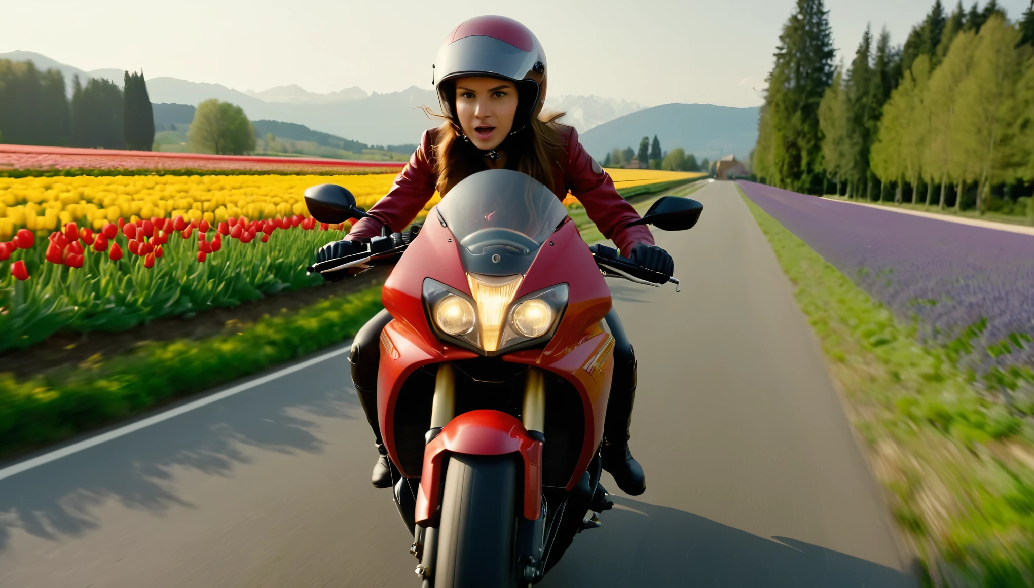 ((ultra detailed):1.4),((Still images, looks like movies, and dynamic angles):1.3), Super realistic photo of a  girl with long brown hair wearing a red leather jacket and an open helmet, racing at speed on a Honda motorcycle along a wide speed way, among a lavender field with trees and red and yellow tulips, several Swiss-style buildings, The icy Alps are visible in the background, dawn lighting, Feeling of speed, (upper body:1.5), (Wide Angle:1.5).
