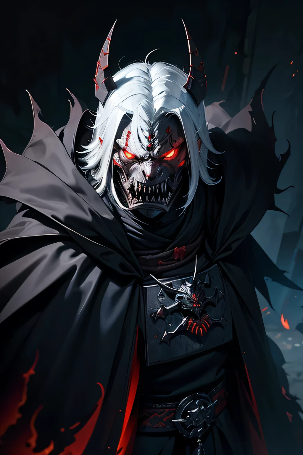 tall demon cloaked in shadow, wearing a shogun mask that snarls. a white mane. red eyes that glow. spiked pauldrons. heavy set. hidden in thick shadows. cloak made of shadows. wraith like. hell spawn. fanged mask. background its open cloak spreading out. open cloak. white hair. snarling face. blue flamed sword. snarling shogun mask. full face covering. fangs. sharp teeth
