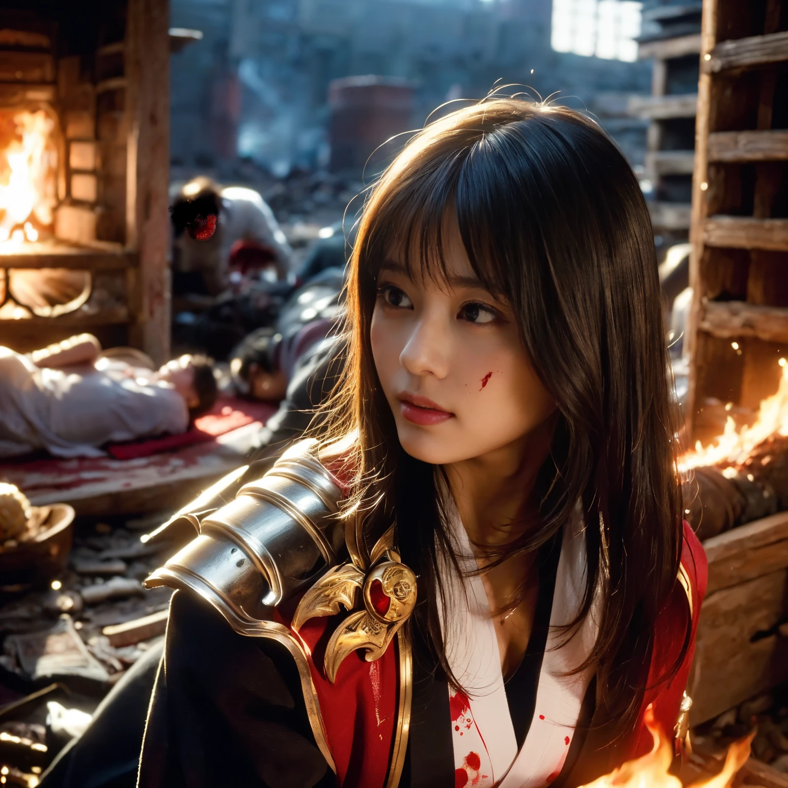 (((Realistic, masterpiece, best quality, crisp detail, high definition, high detail, sharp focus, perfect studio lightning))), 20 years old assassin,((( in the middle of a war, kasumi arimura, mouth full of blood))), wearing (((fully decorated golden armor, armored kimono, blood scattered face, blood tears, blood bath, blood shed))), (((fire everywhere, blood everywhere, death everywhere, japan bakumatsu period, mutilated dead bodies,burned japanese castle,burned village)) background)