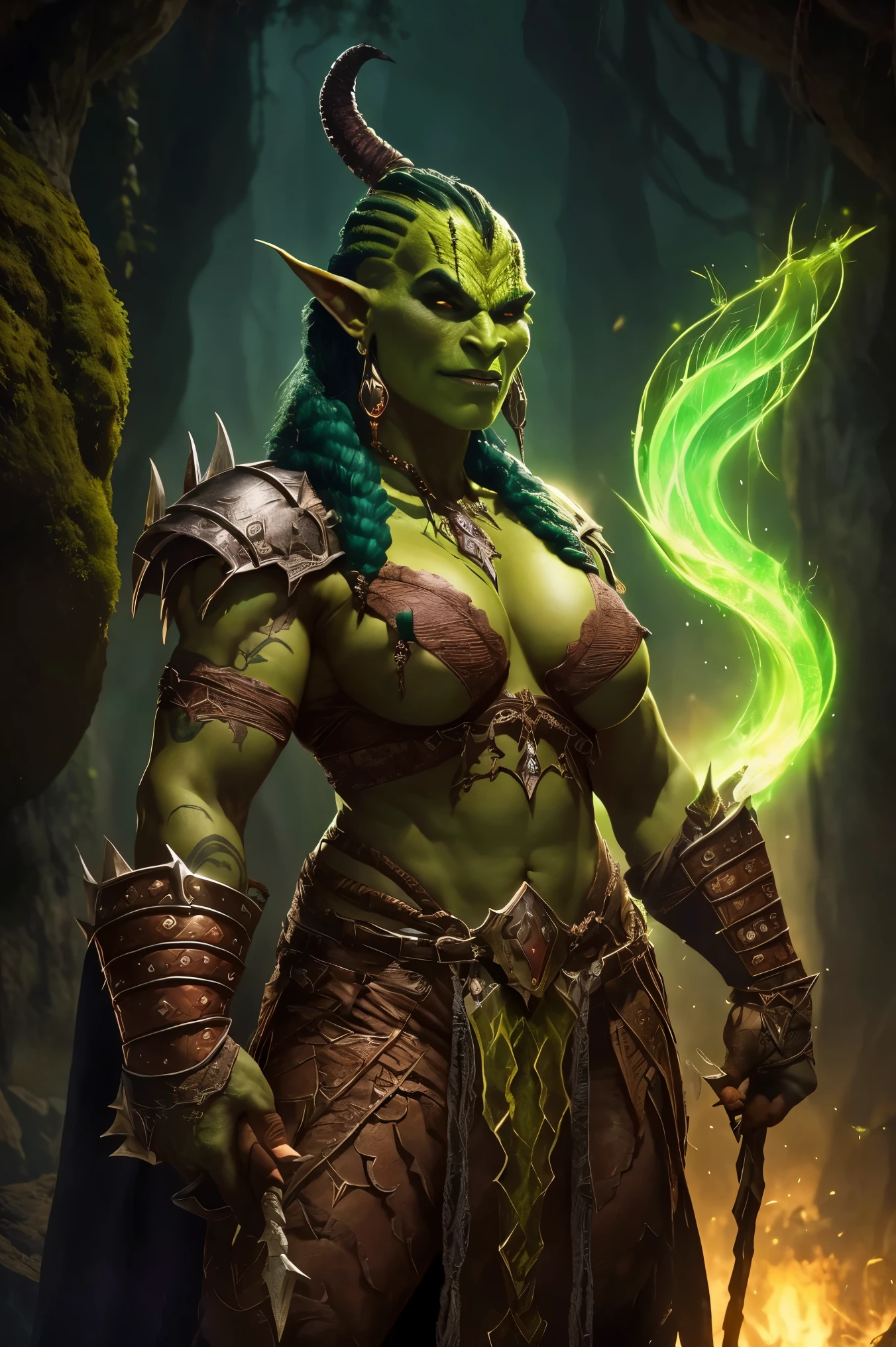 (papel de parede 8k extremamente detalhado), A medium photo of a beautiful mature necromancer female orc, intrincado, alto detalhe, dramatic
