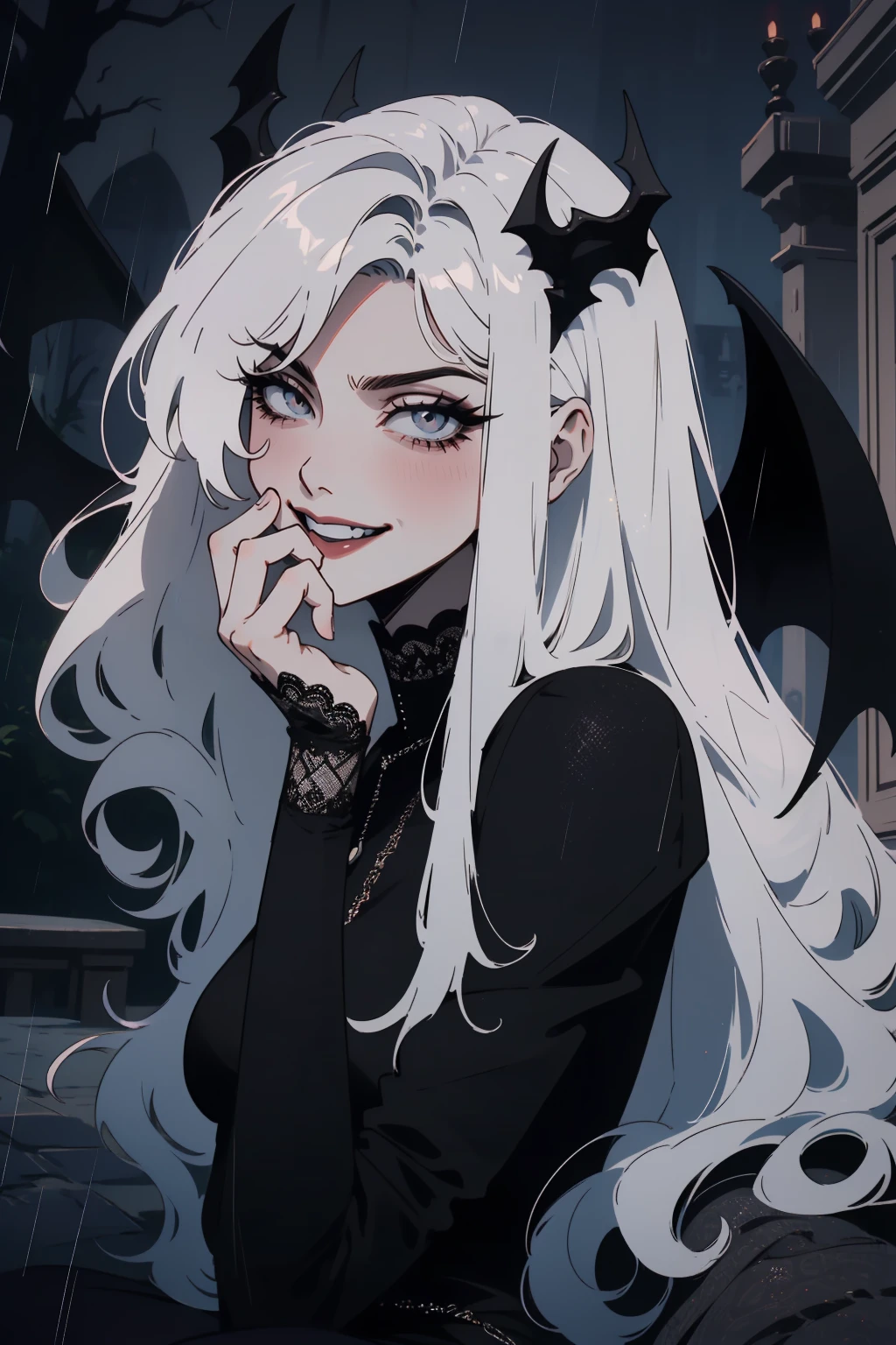 (outside, scary castle, raining, evening, soft light, dim lit, moody vibe, horror \(theme\), ), (insanely detailed, beautiful detailed face, masterpiece, best quality), 1girl, succubus, demon girl, mature female, white hair, pink eyes, grin, smirk, demon horns, black tail, black demon wings, whole body, sitting on the ground, 