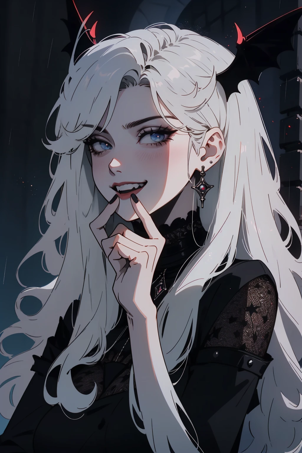 (outside, scary castle, raining, evening, soft light, dim lit, moody vibe, horror \(theme\), ), (insanely detailed, beautiful detailed face, masterpiece, best quality), 1girl, succubus, demon girl, mature female, white hair, pink eyes, grin, smirk, demon horns, black tail, black demon wings, whole body, sitting on the ground, 