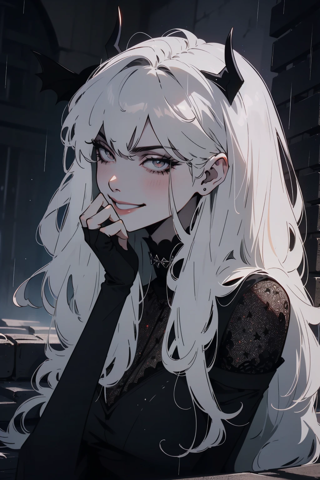 (outside, scary castle, raining, evening, soft light, dim lit, moody vibe, horror \(theme\), ), (insanely detailed, beautiful detailed face, masterpiece, best quality), 1girl, succubus, demon girl, mature female, white hair, pink eyes, grin, smirk, demon horns, black tail, black demon wings, whole body, sitting on the ground, 