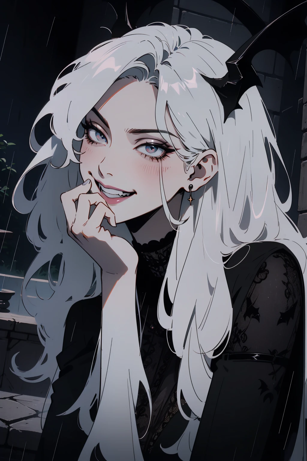 (outside, scary castle, raining, evening, soft light, dim lit, moody vibe, horror \(theme\), ), (insanely detailed, beautiful detailed face, masterpiece, best quality), 1girl, succubus, demon girl, mature female, white hair, pink eyes, grin, smirk, demon horns, black tail, black demon wings, whole body, sitting on the ground, 