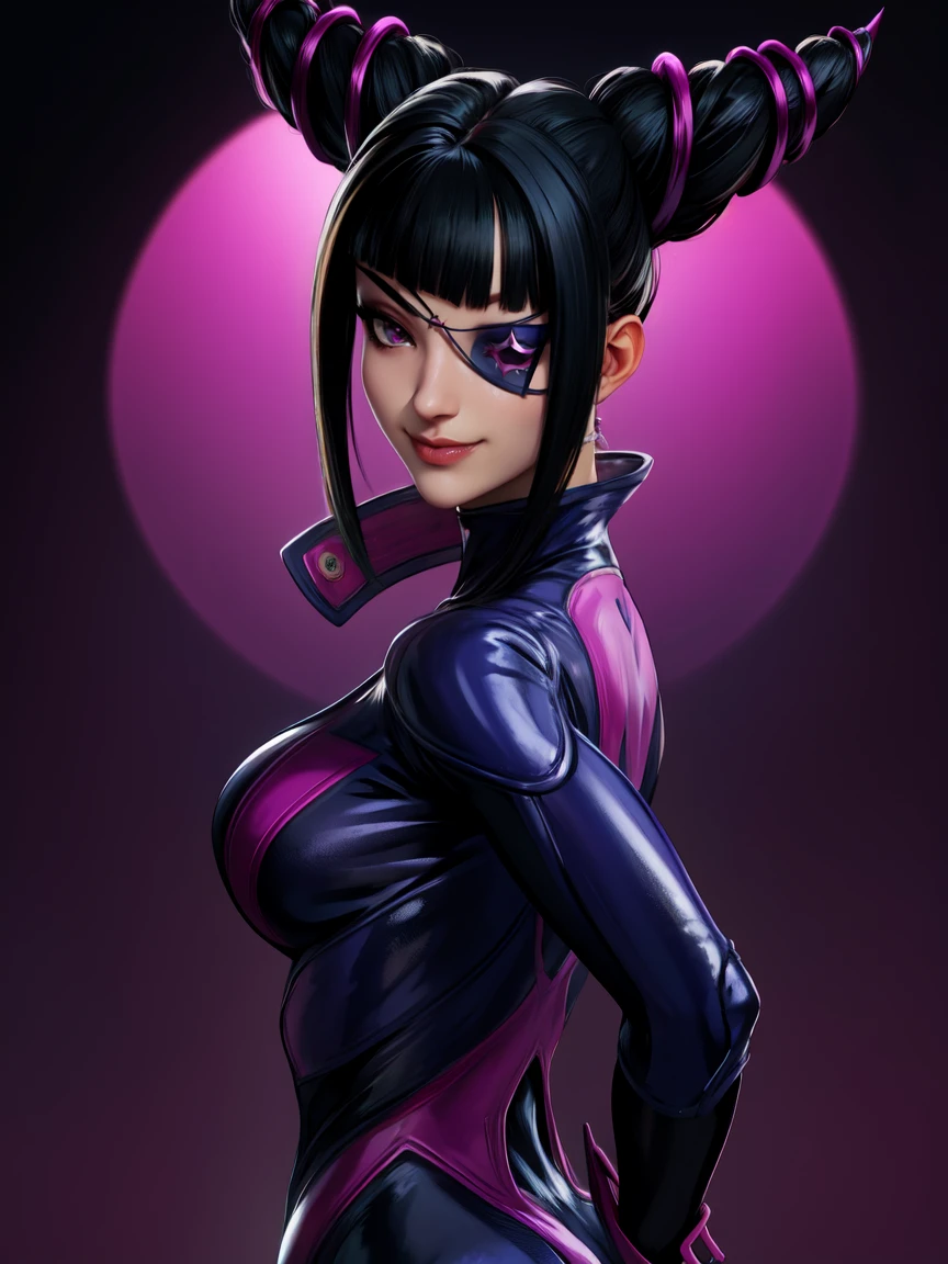 Juri , black hair,two-tone hair, hair horns, purple eyes, eyepatch,  
bodysuit, clothing cutout, 
standing, upper body, evil smile, 
night club,
(insanely detailed, beautiful detailed face,beautiful detailed eyes, masterpiece, best quality) , solo, dinamic poses, shinning eyes, backwards, looking back