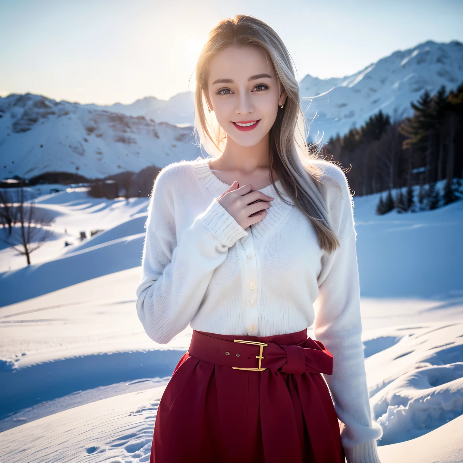 ((top quality、8k、Masterpiece:1.3))、Extremely delicate and beautiful girl,full-body shot,huge breasts,bigger breasts,amazing breast size,G cup,Half of the breasts are exposed。Wear big earrings,Very white skin,moist red lips,Waist is very thin,Thighs are very thin,big butt,fair and smooth skin,Smooth and fair skin,flawless skin,Fair and shiny skin,cold white skin,The camera focuses on the chest,Bright light,white sweater,Lower body exposed,white hair,White hair,heavy snow,snow mountain,sunset,lake,sweet smile,mouth slightly open