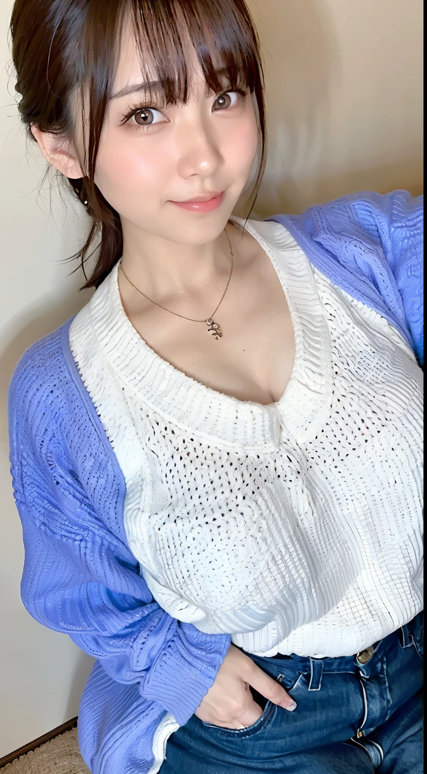 (highest quality、8K、32k、masterpiece、nffsw:1.2)、photo of cute japanese woman、big breasts:1.4、very short bobbed hair、Upper body、surface focus、extra large_sweater、necklace、simple background、From above、looking at the viewer、cleavage:1.5、balanced body