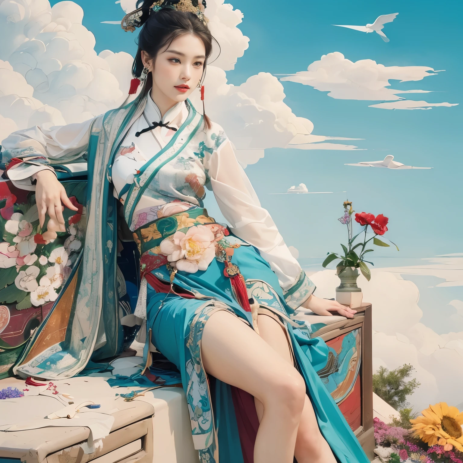 (masterpiece, top quality, best quality, official art, beauty:1.2),（最詳細清晰的contour和五官：2.0，contour：2.0） (1 Chinese goddess:1.5), Very detailed,(Dunhuang艺术:1.1),(Dunhuang，rich and colorful:1.1)(flowers:1.3),most detailed,(Zentangle:1.2), (Dynamic flight attitude，Foot on white clouds，Showing thighs:1.5),  (open thighs，Showing thighs内侧:1.2),(blue sky, White clouds and bright moon background:1.3), (Chinese embroidered Hanfu:1.2), (shiny skin，camel toe：1.2), (Many colors:1.4), ,(earrings:1.4),