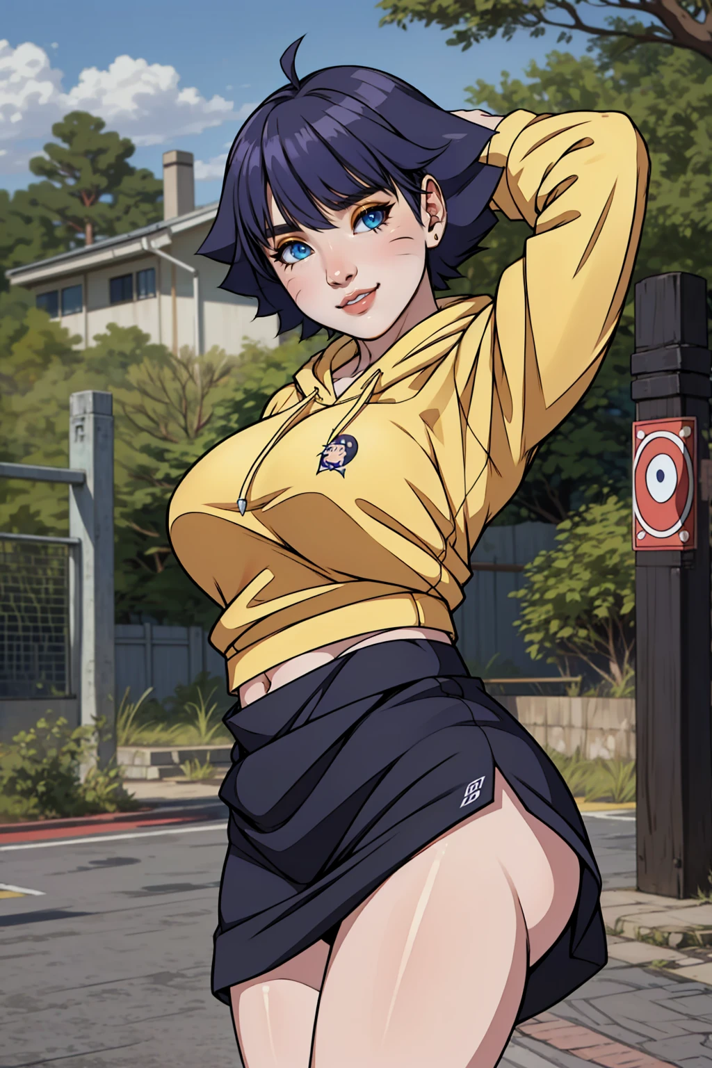 masterpiece, ultra-detailed, 1girl, female focus, upper body shot, Uzumaki BorutoHimari wearing yellow Streetwear Hoodie, black hair, Blue eyes, look at viewer, happy face, vibrant colors, cityscape background, dinamic lighting, highly detailed face, stylish, urban style, cool attitude, bokeh, blurry background,