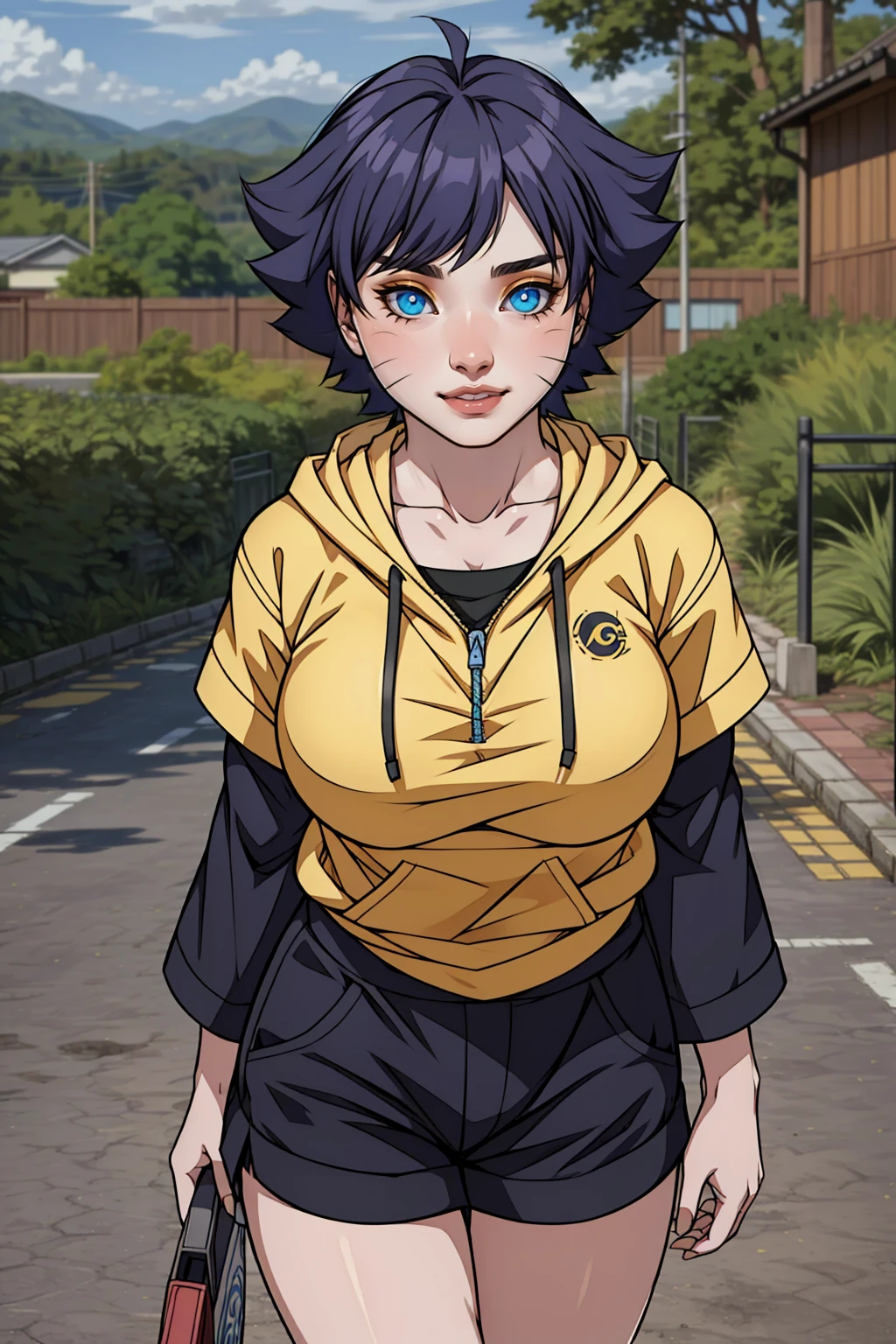 masterpiece, top quality, highly detailed, 1girl, upper body,
long hair, black hair, blue eyes,
Wearing a yellow Hoodie, Streetwear, full of style,
medium breasts, cool attitude
looking at the audience, cute face ,(Uzumaki Himawari)
 in anime (Boruto:Naruto Next Generation, photo realistic, very detailed, perfect realistic, short hair, black hair, blue eyes, beautiful, sexy body, standard body, big breasts, realistic clothes, detailed clothes, outdoor background, very detailed, realistic characters, beautiful face, cute face, perfect skin, glowing, super realistic photo , on the right and left cheeks there are ,two rows of cat whiskers very clear/super details ,detailed analysis , (Uzumaki Himawari:Cat Whiskers) eyes , short front bangs hairstyle