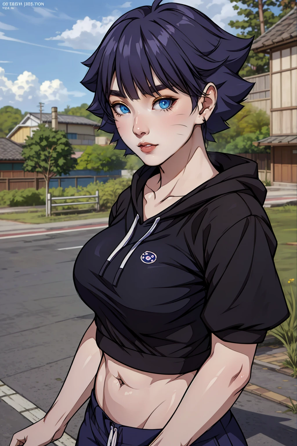 masterpiece, ultra-detailed, 1girl, female focus, upper body shot, Uzumaki BorutoHimari wearing yellow Streetwear Hoodie, black hair, Blue eyes, look at viewer, happy face, vibrant colors, cityscape background, dinamic lighting, highly detailed face, stylish, urban style, cool attitude, bokeh, blurry background,