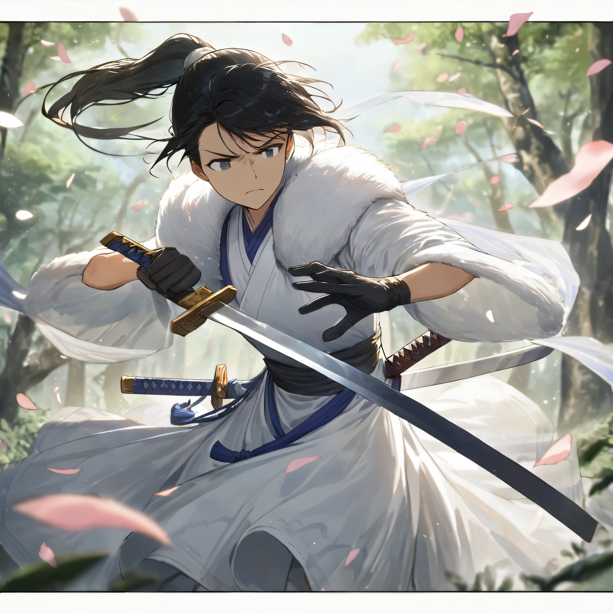 (dress in white),Petals fluttering in the wind, shining swords, helpless expression, anger, fighting with death, very detailed expression, very detailed petals,ponytail, 2swordsman fighting,fight,gongfu,stand in trees, 2swordsman stood in a peach tree forest with petals dancing,petals , detailed ,completing the stable diffusion of serenity and contentment,masterpiece, best quality,masterpiece, best quality, swordman,holding a sword(trees:0.5),(eagle:0.5), (bamboo:0.2) fighting stance, 1man, glowing, solo, weapon, sword, tree, holding, gloves, outdoors, sheath, border, holding weapon, black hair, holding sword, fur trim, looking away,look at view