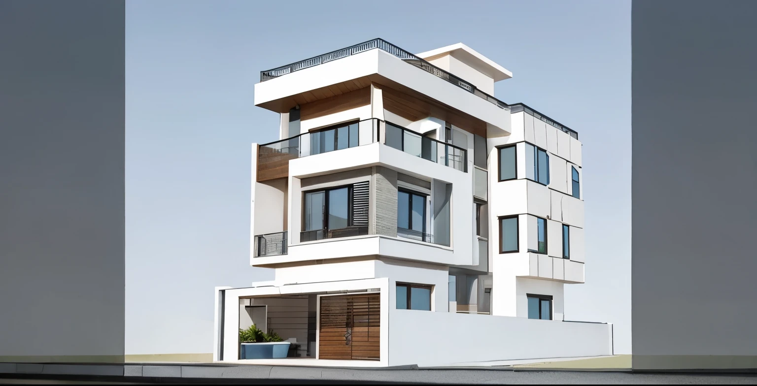 A 2-storey villa, modern, house in the middle of the street, sunset light