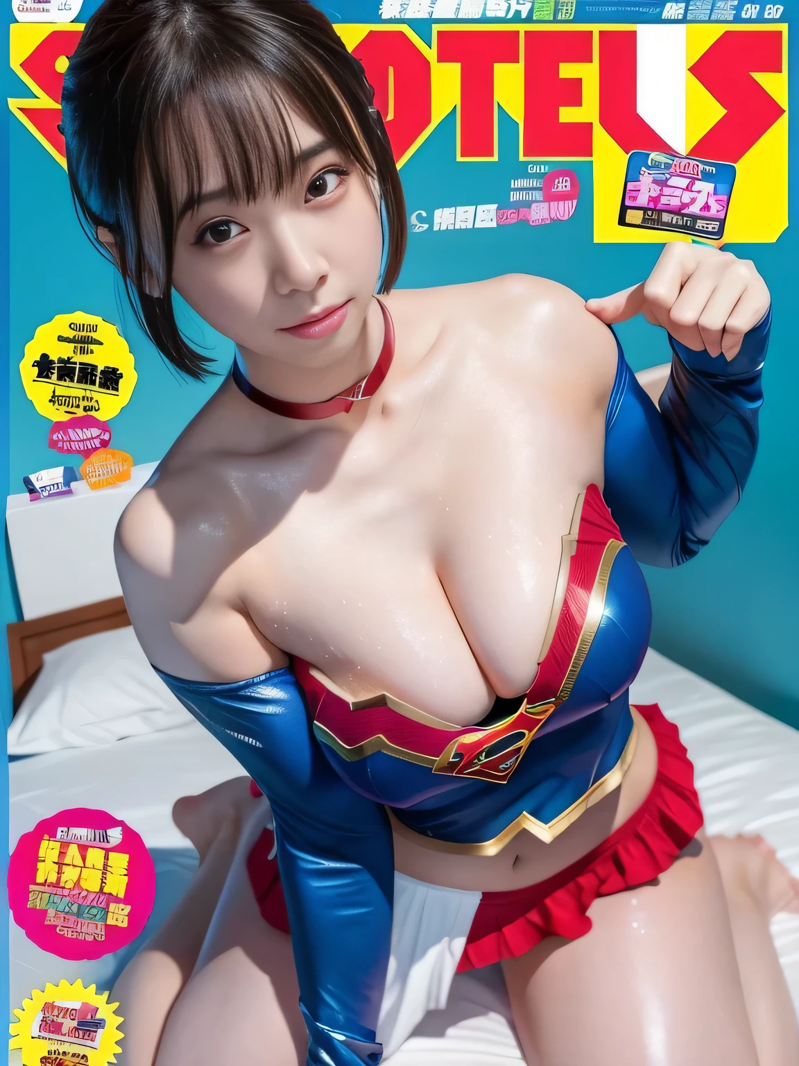 masterpiece、supergirl costume、short hair、barefoot、big and full breasts、Rest rooms、crazy about masturbating in bed、sexy pose、athlete、shiny、looking at camera、Seduce、choker、long sleeve、red mini skirt、Weekly magazine cover、Sculpture Magazines、sweaty、exciting、