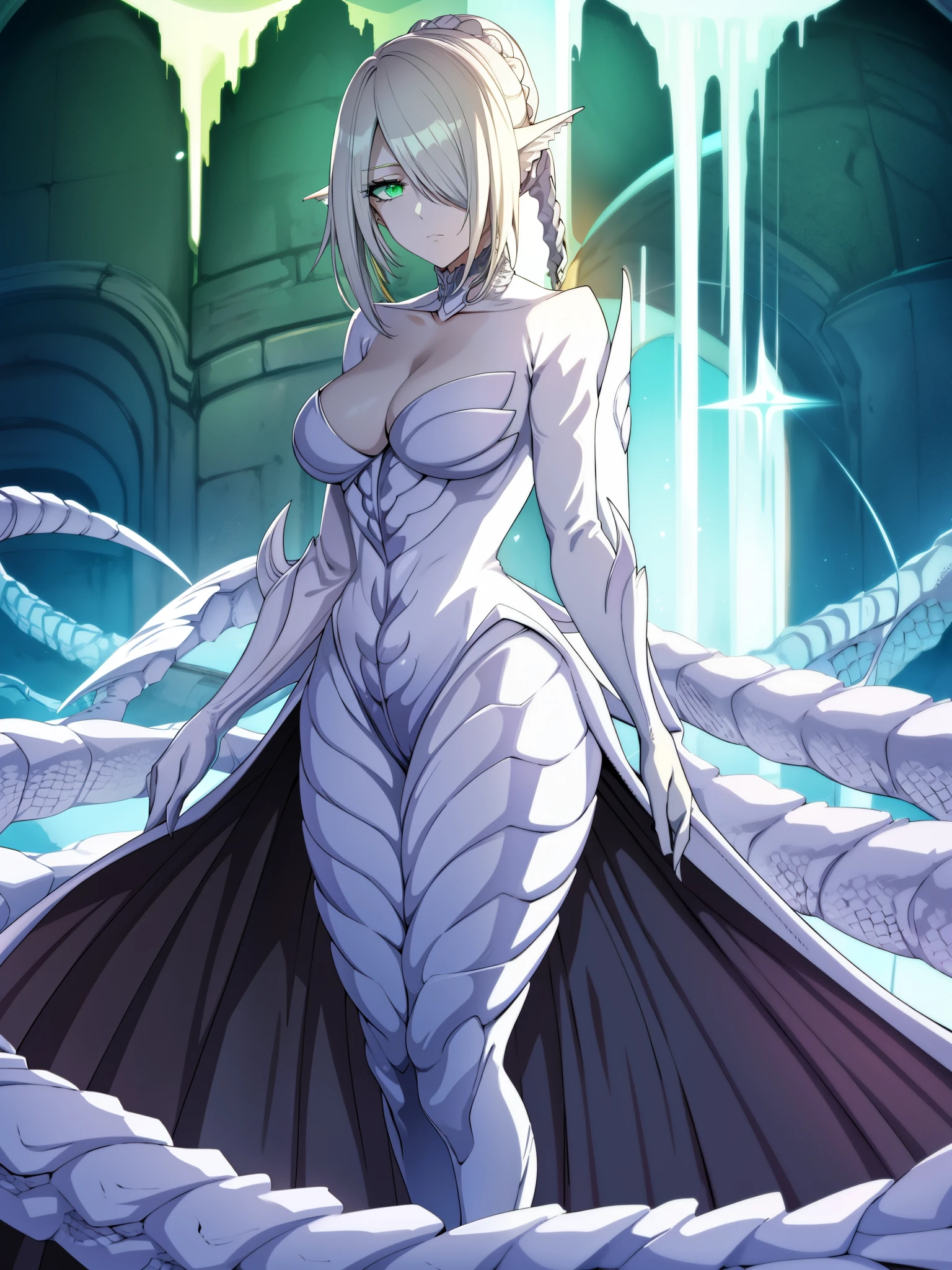 Close up of anime monster Girl, monster Girl, white coat, anime character. full body art, lovecraft&#39;Secretary from another world, hot reptilian humanoid woman, monster Girl, Lucio as a woman