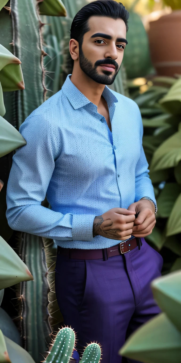 Ultra HD, gutaussehend,Arafed-Mann in einem lila Hemd und einer hellbraunen Hose, der vor einer Kaktuspflanze steht, gemusterte Kleidung, gestochen scharfe Details, wears a light blue shirt, Stil von Greg Rutkowski, singer maluma, Profilaufnahme, Sommerhemd, im Hemd tragen, wears a linen shirt, Portrait in the middle of the shot, Voller Details, Model posiert, Mitte der Einstellung eines Adonis