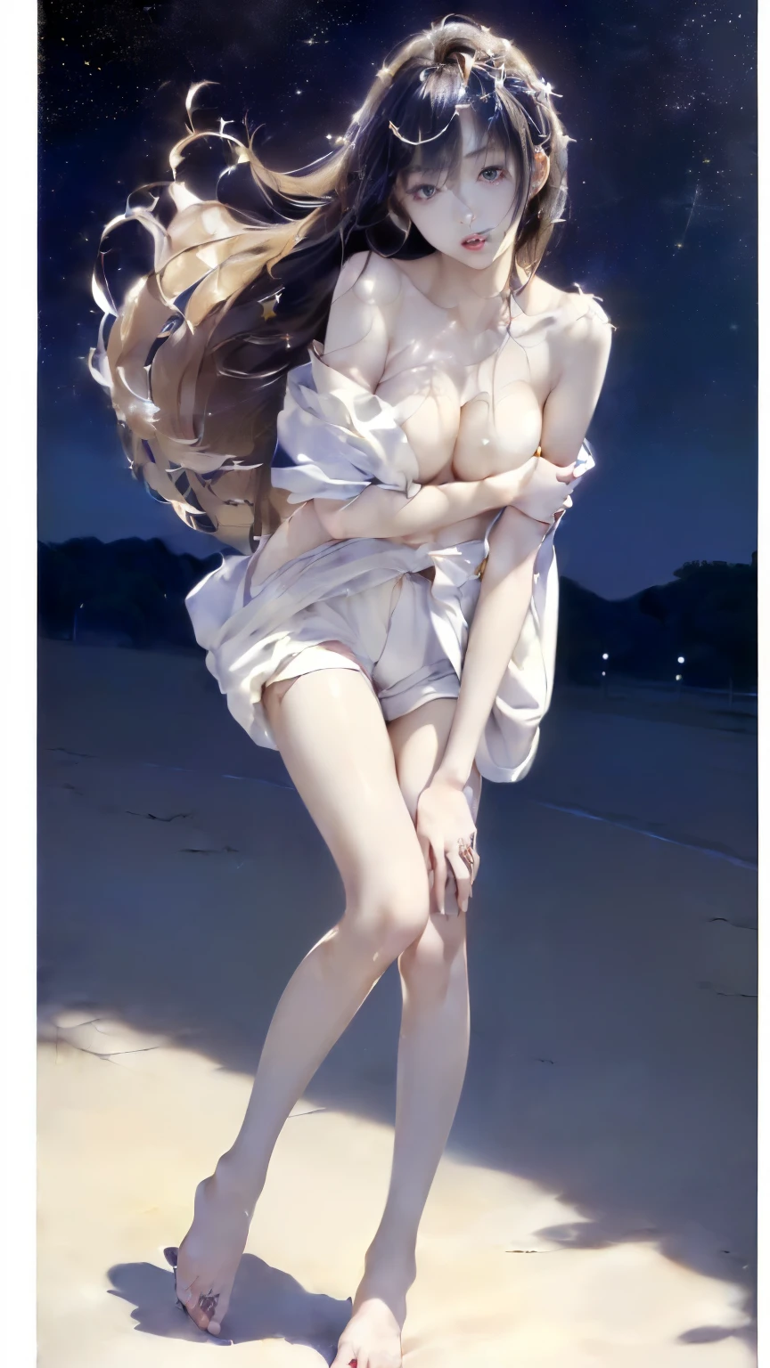 (((Masterpiece))),((top quality)),one beautiful Japanese girl,Pale, (A character that personifies a star: 1.5), (hair shines:1.5)、(((the body shines:1.5)))、(belly button)、(Clothes are hard and pale and shiny:1.5),(plain clothes), (skin revealing),(The background is the night sky outside 1.5).(((from the front:1.5)))、(straight front: 1.5)、(((hold one's knees:1.5)))