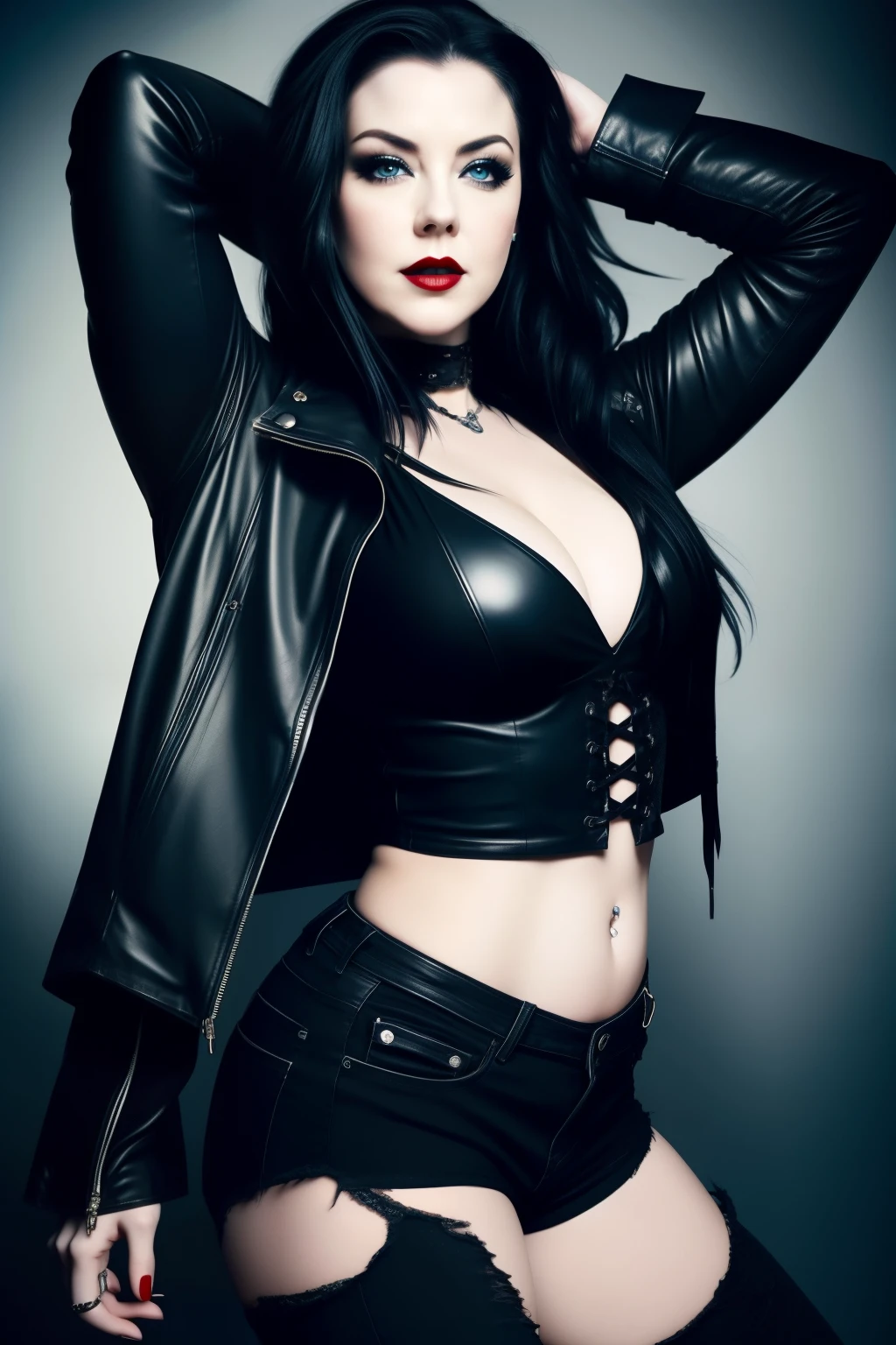 Amy Lee, a 37-year-old woman with pale skin and a thick, voluptuous build, dons a rocker outfit that highlights her edgy personality. Her brilliant blue eyes are accentuated with heavy gothic makeup, including dark eyeliner and deep red lipstick. With a seductive smirk, she poses sexily, grinding her hips ever so slightly to add to the allure of her image. Her outfit consists of a torn black leather jacket over a low-cut black top and ripped jeans, revealing a tantalizing glimpse of her midriff. The overall aesthetic is both dark and mesmerizing, capturing the true essence of Amy Lee's captivating persona.