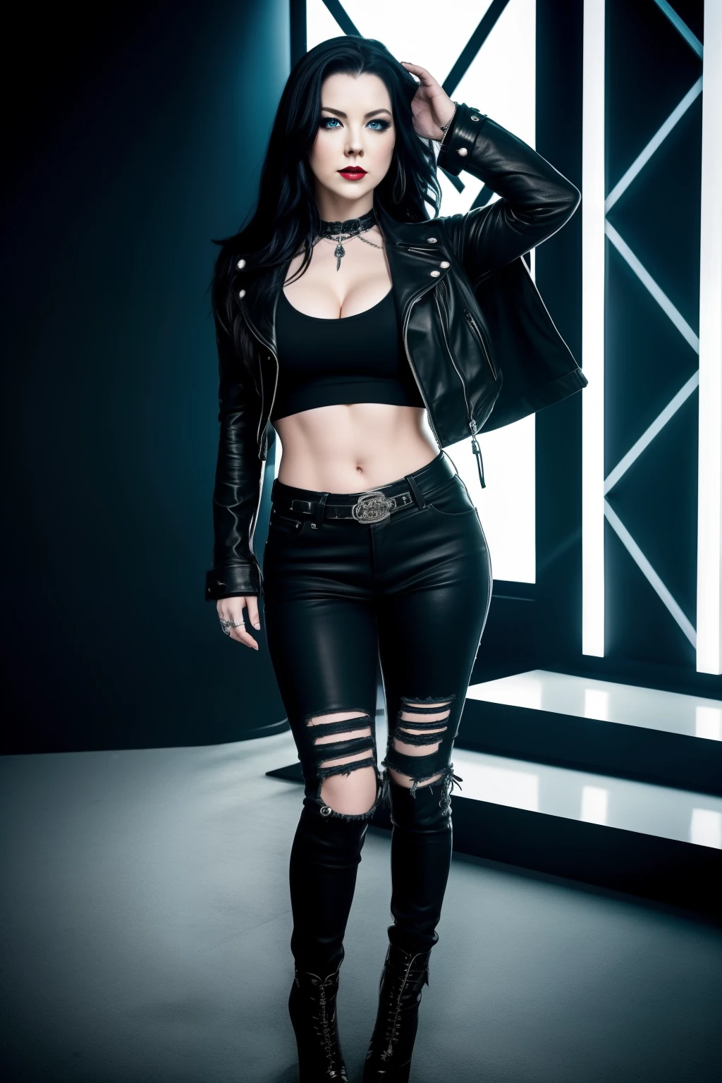 Amy Lee, a 37-year-old woman with pale skin and a thick, voluptuous build, dons a rocker outfit that highlights her edgy personality. Her brilliant blue eyes are accentuated with heavy gothic makeup, including dark eyeliner and deep red lipstick. With a seductive smirk, she poses sexily, grinding her hips ever so slightly to add to the allure of her image. Her outfit consists of a torn black leather jacket over a low-cut black top and ripped jeans, revealing a tantalizing glimpse of her midriff. The overall aesthetic is both dark and mesmerizing, capturing the true essence of Amy Lee's captivating persona.
