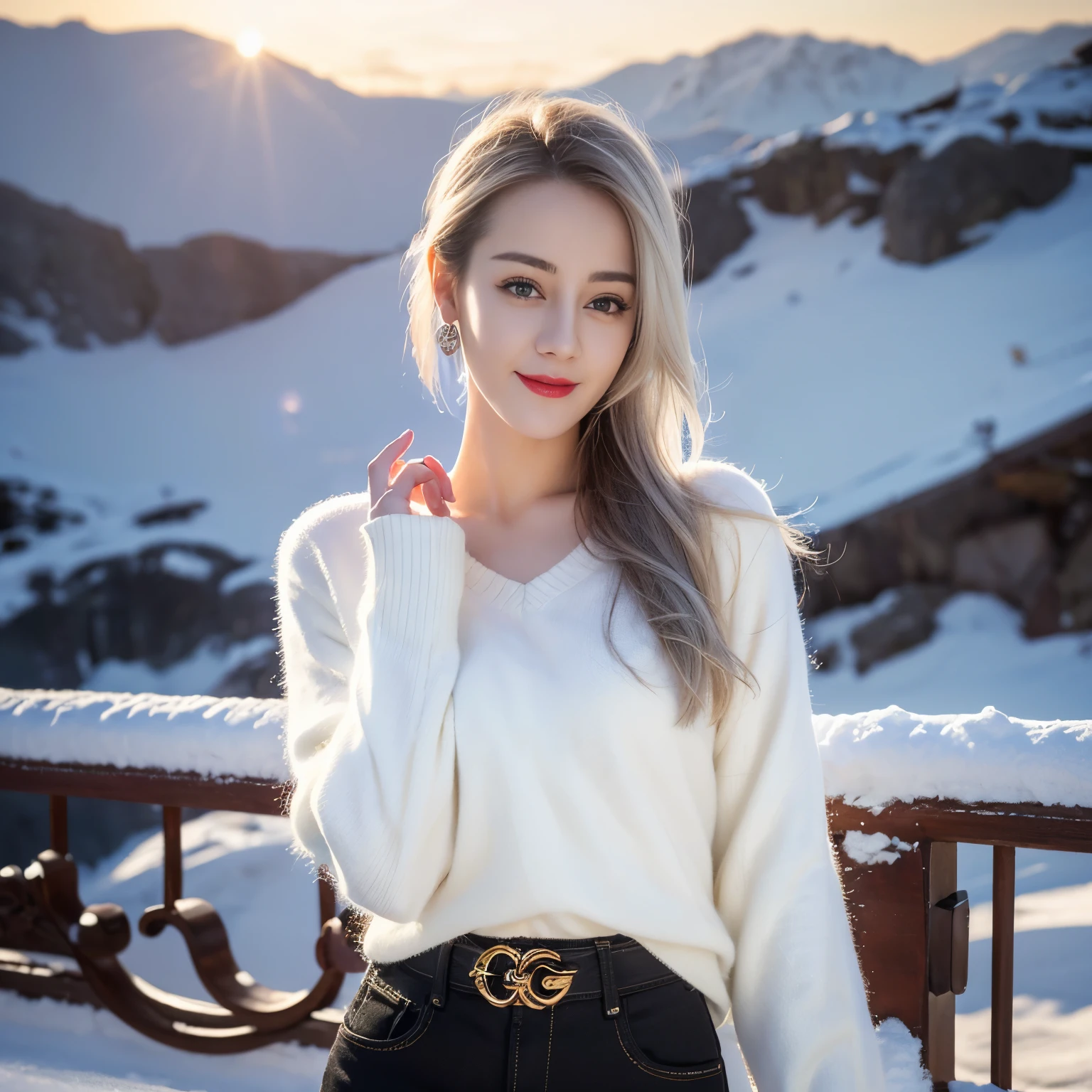 ((top quality、8k、Masterpiece:1.3))、Extremely delicate and beautiful girl,full-body shot,huge breasts,bigger breasts,amazing breast size,G cup,Half of the breasts are exposed。Wear big earrings,Very white skin,moist red lips,Waist is very thin,Thighs are very thin,big butt,fair and smooth skin,Smooth and fair skin,flawless skin,Fair and shiny skin,cold white skin,The camera focuses on the chest,Bright light,white sweater,Lower body exposed,white hair,White hair,heavy snow,snow mountain,sunset,lake,sweet smile,mouth slightly open